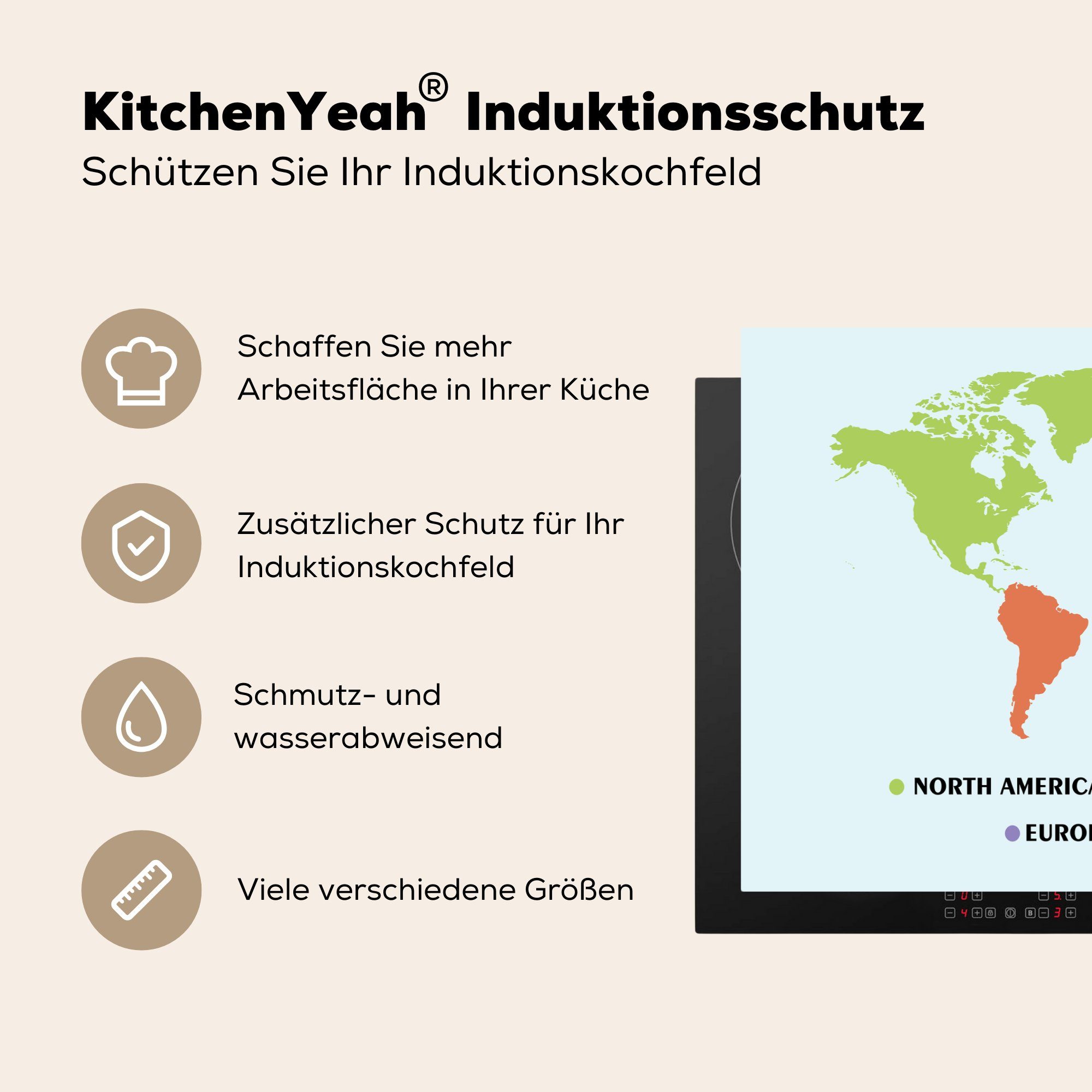 für 81x52 - die MuchoWow Farben, Kinder tlg), küche, Vinyl, Herdblende-/Abdeckplatte Induktionskochfeld (1 Schutz cm, Ceranfeldabdeckung Trendy - Weltkarte