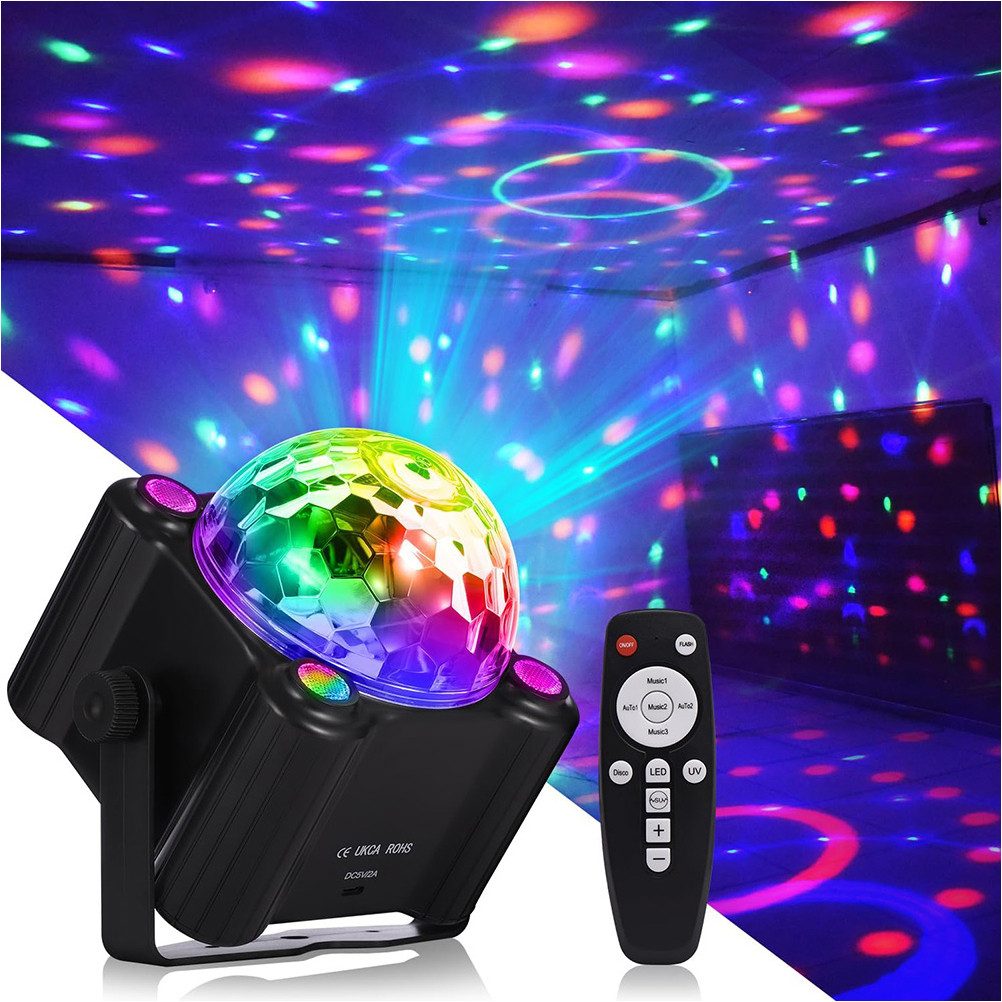Jibenhome LED Discolicht RGB LED Musikgesteuert DJ Party licht mit Fernbedienung, USB, 3 geräuschaktivierten Modi, 6 Farben mit 2 UV-Lichtern