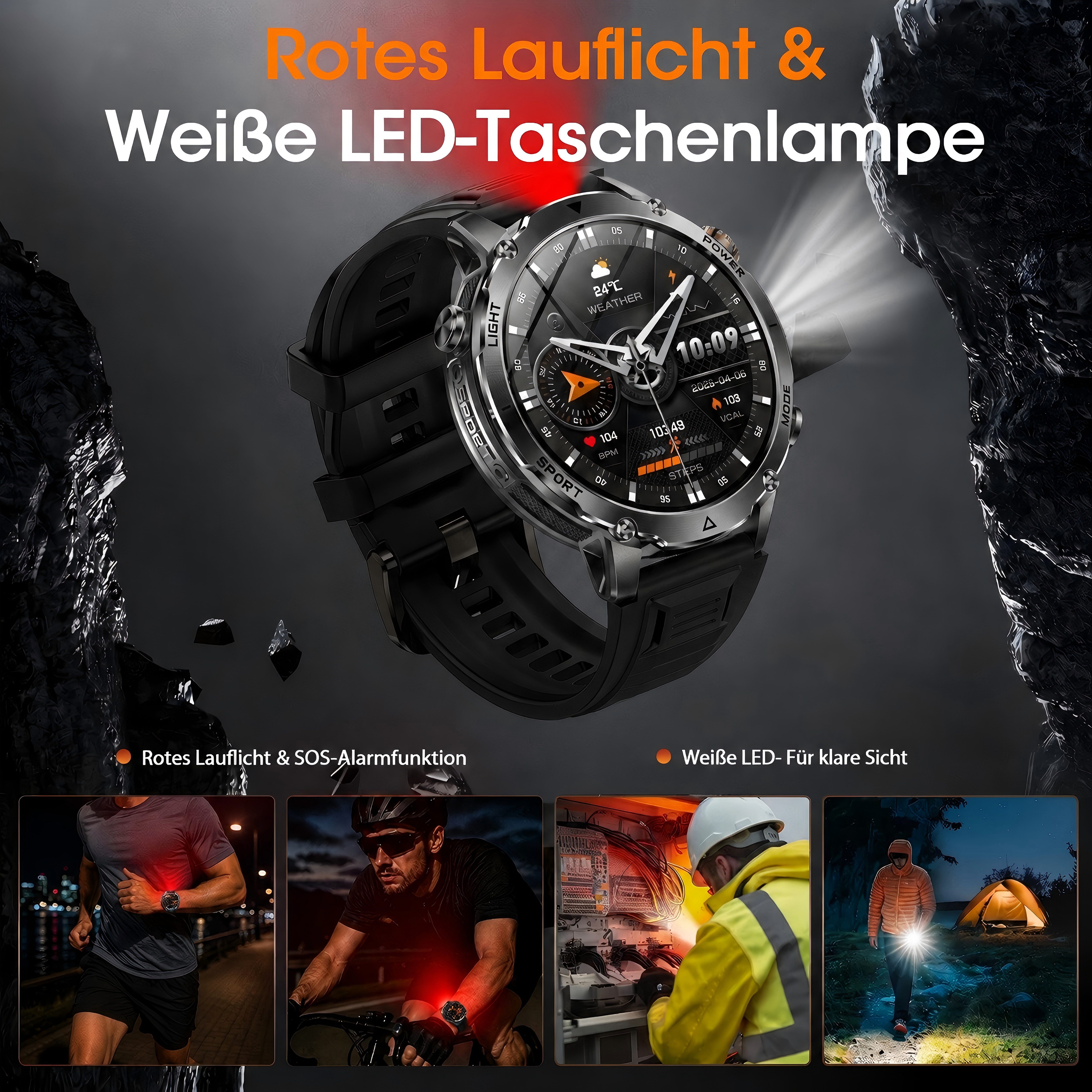 SWGOTA 2026 Smartwatch Herren 1800mAh Akku 1,85" AMOLED Militärstil Smartwatch (1,85 Zoll), IP68 & 5ATM, Fitnessuhr für Herren mit Edelstahl- und Silikonarmband – Bild 4 von 5