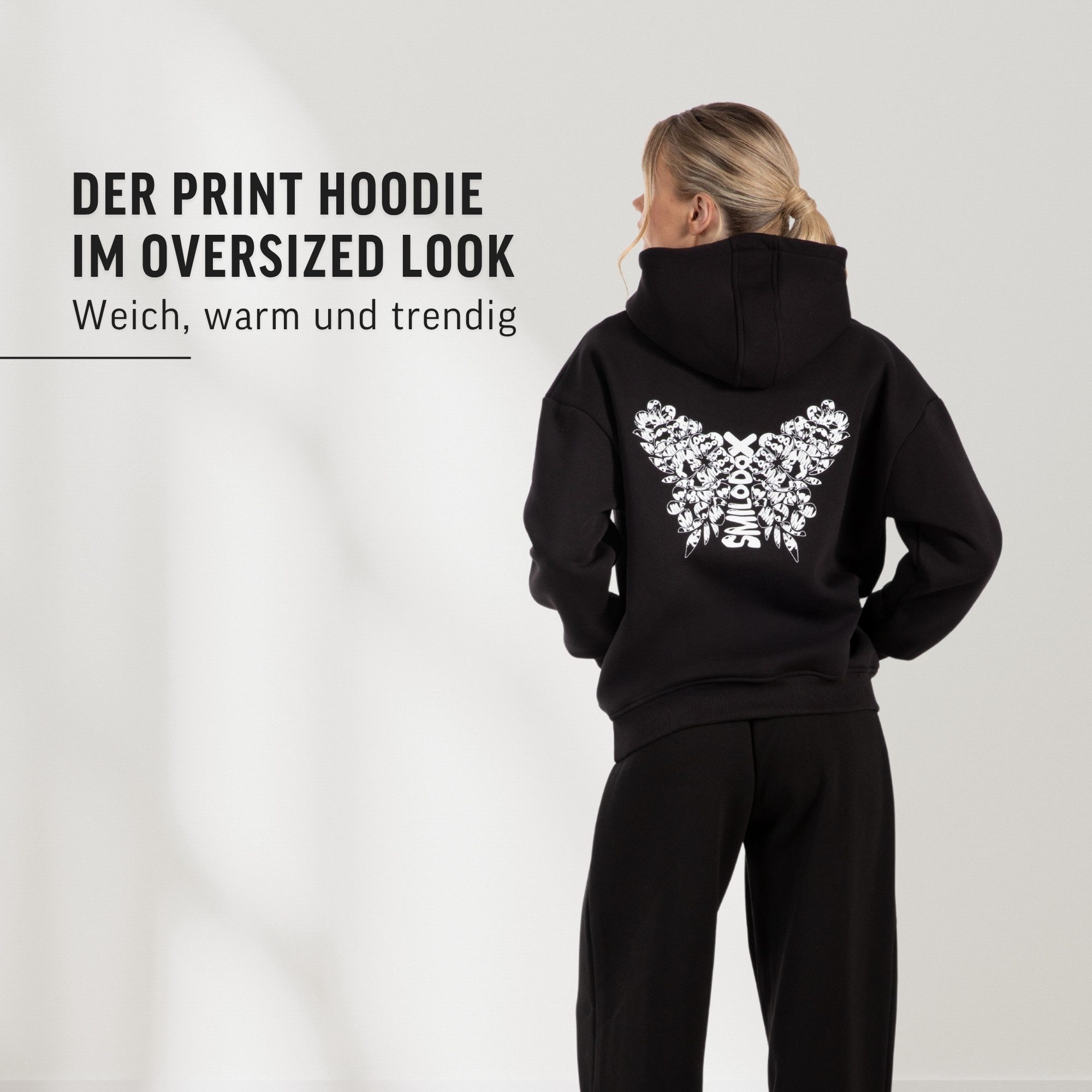 Smilodox Hoodie Nala, Oversize Fit Pullover mit großer Kapuze und Butterfly Print Kapuzenpulli Relaxed Großer Print Kängurutasche Streetwear Fitness