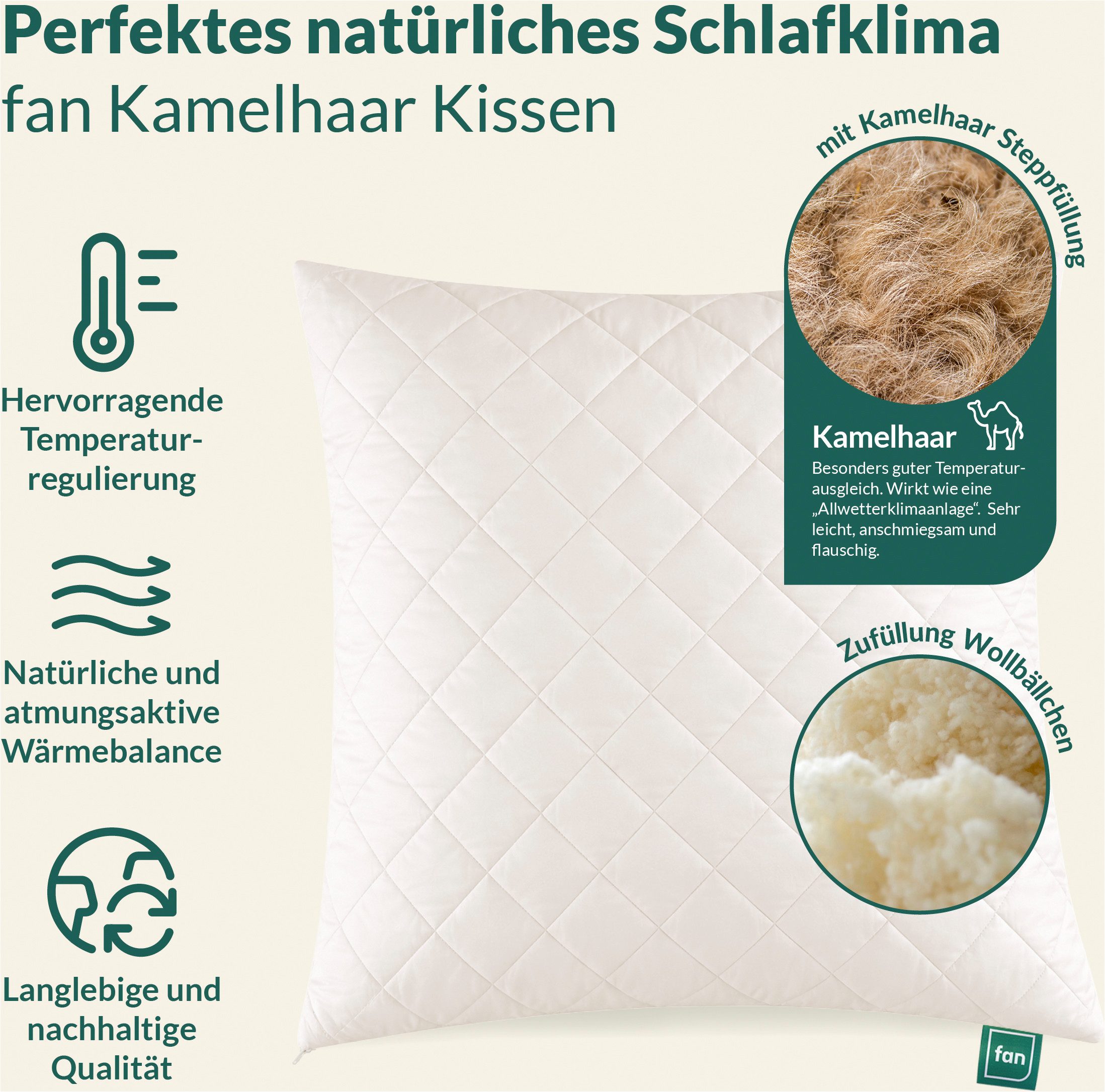 fan Naturfaserkissen Gobi, Kopfkissen in 40x80 & 80x80 cm, Made in Germany, Füllung: 97% Wolle, 3% sonstige Fasern, Bezug: 100% Baumwolle versteppt mit 97% Kamelhaar, 3% sonst. Fasern, Kissenbezug aus Baumwolle mit Kamelhaar versteppt, Füllung aus Wolle