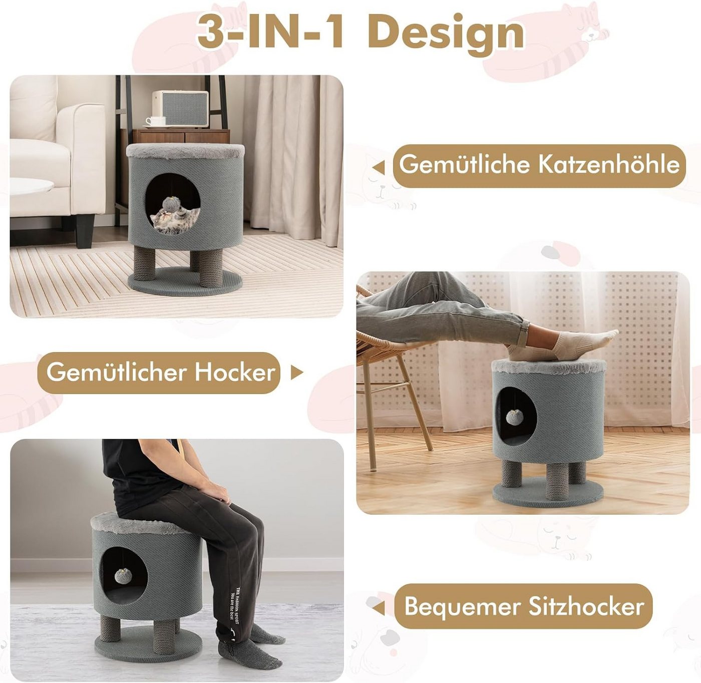 Thumbnail - KOMFOTTEU Katzentoilette, Katzenhaus mit Plüschliegefläche, Spielball, moderner Fußhocker