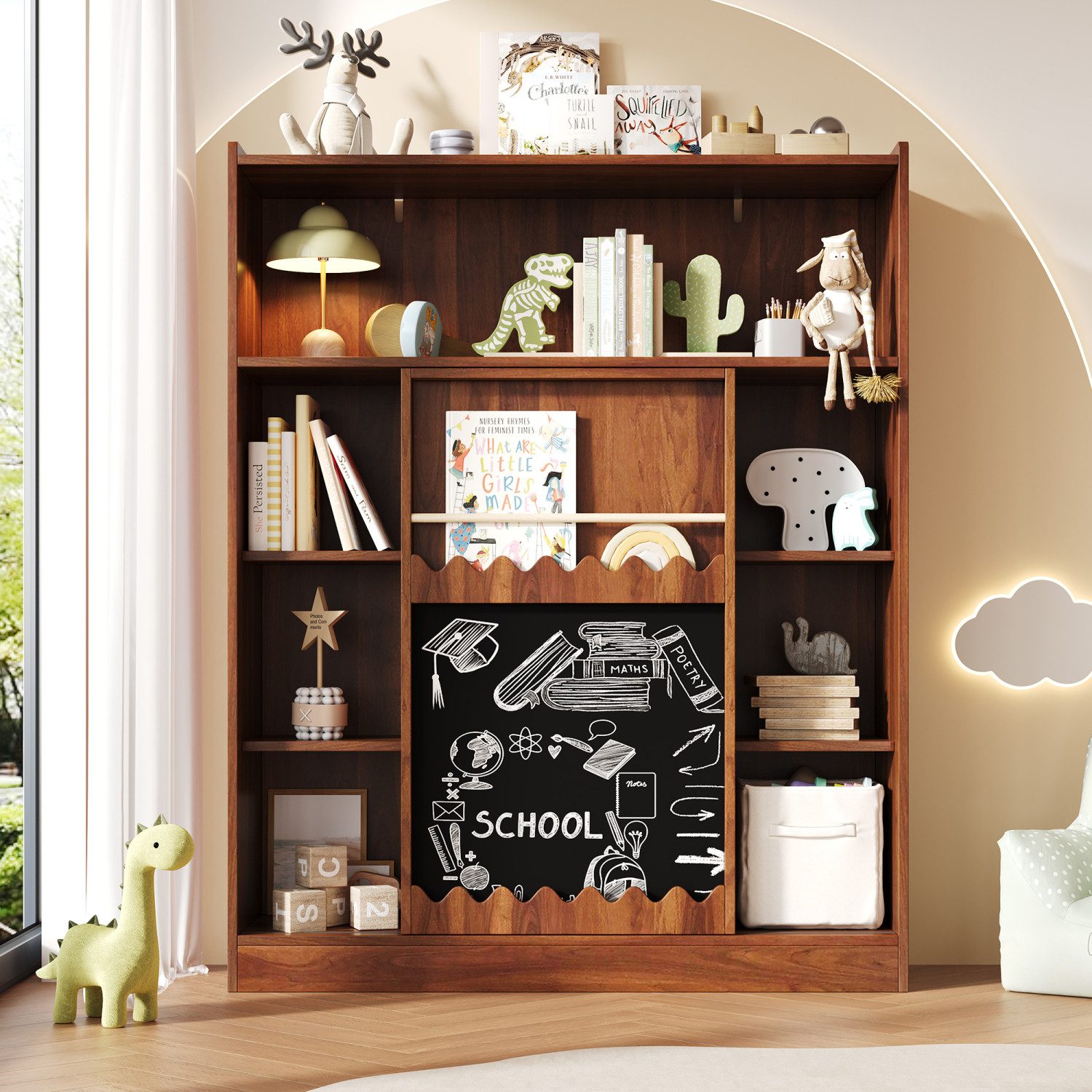 Flieks Bücherregal mit Tafel, Schiebetüren & Bilderbuchablage, 120x38,5x151,5 cm 1-tlg., Standregal mit 10 Fächern Würfelregal Hochschrank Holzoptik