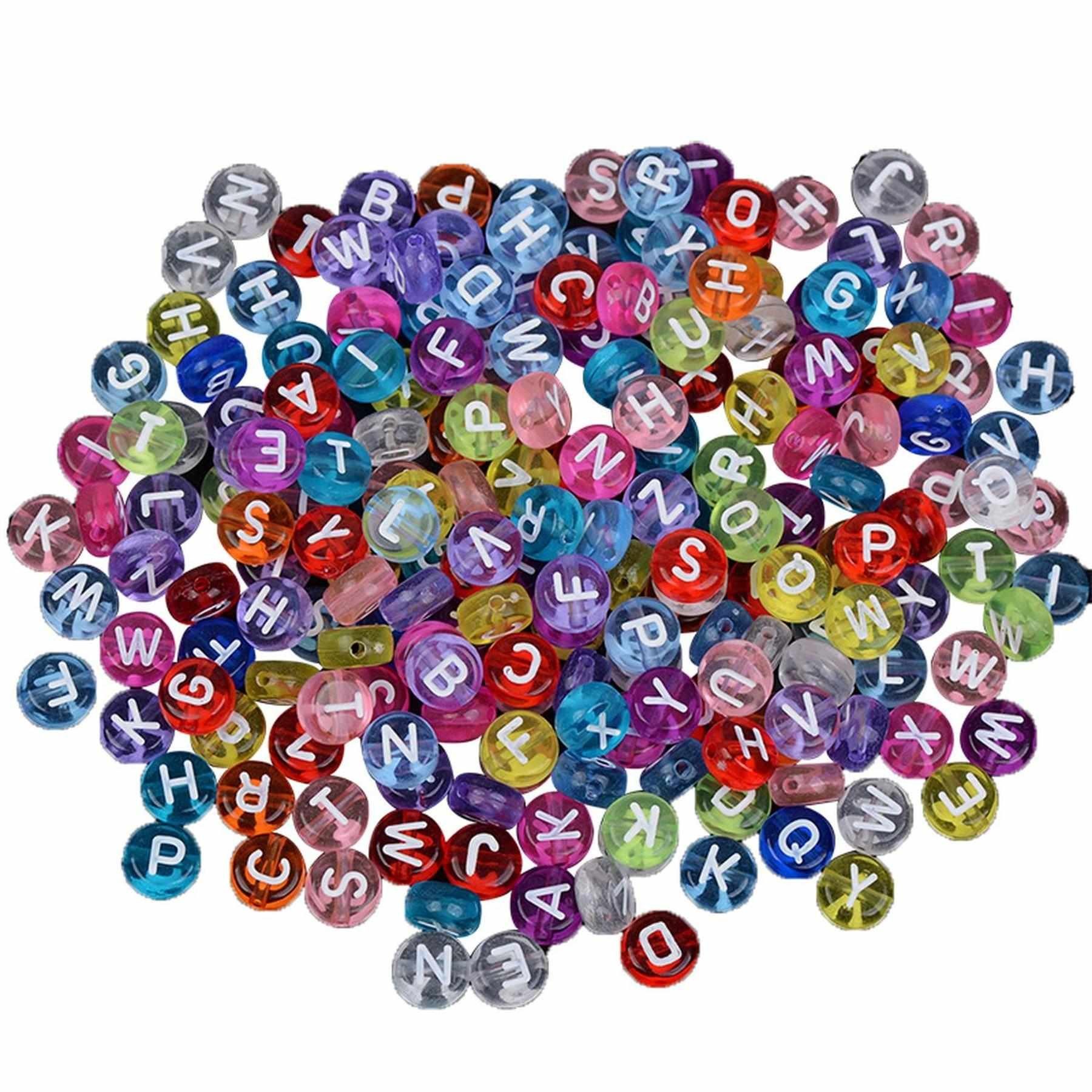 Kopper-24 Bastelperlen Buchstaben Perlen, 250 Stück, 4x7 mm, weiß mit bunt, rund, bunte Herze, (250-tlg)