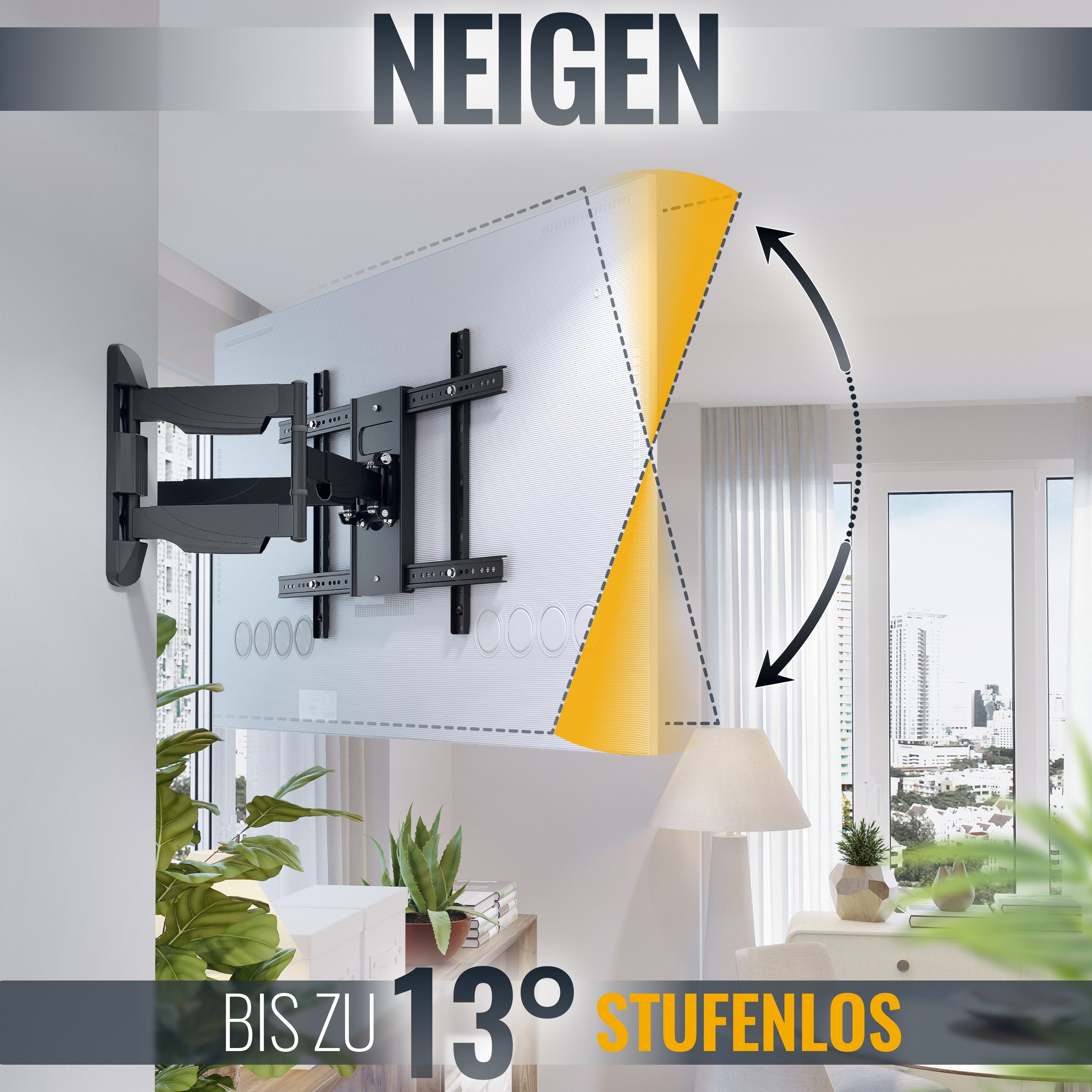 RICOO TV-Wandhalterung TV Wandhalterung robust neigbar schwenkbar S5364, (bis 70 Zoll, VESA 300x200 bis 600x400, 1-tlg., 45 kg Belastbarkeit, 37"-70" (94-178 cm) Bildschirm-Diagonale, Eckmontage, bis 120° schwenkbar, +8/-5° neigbar ausziehbar)