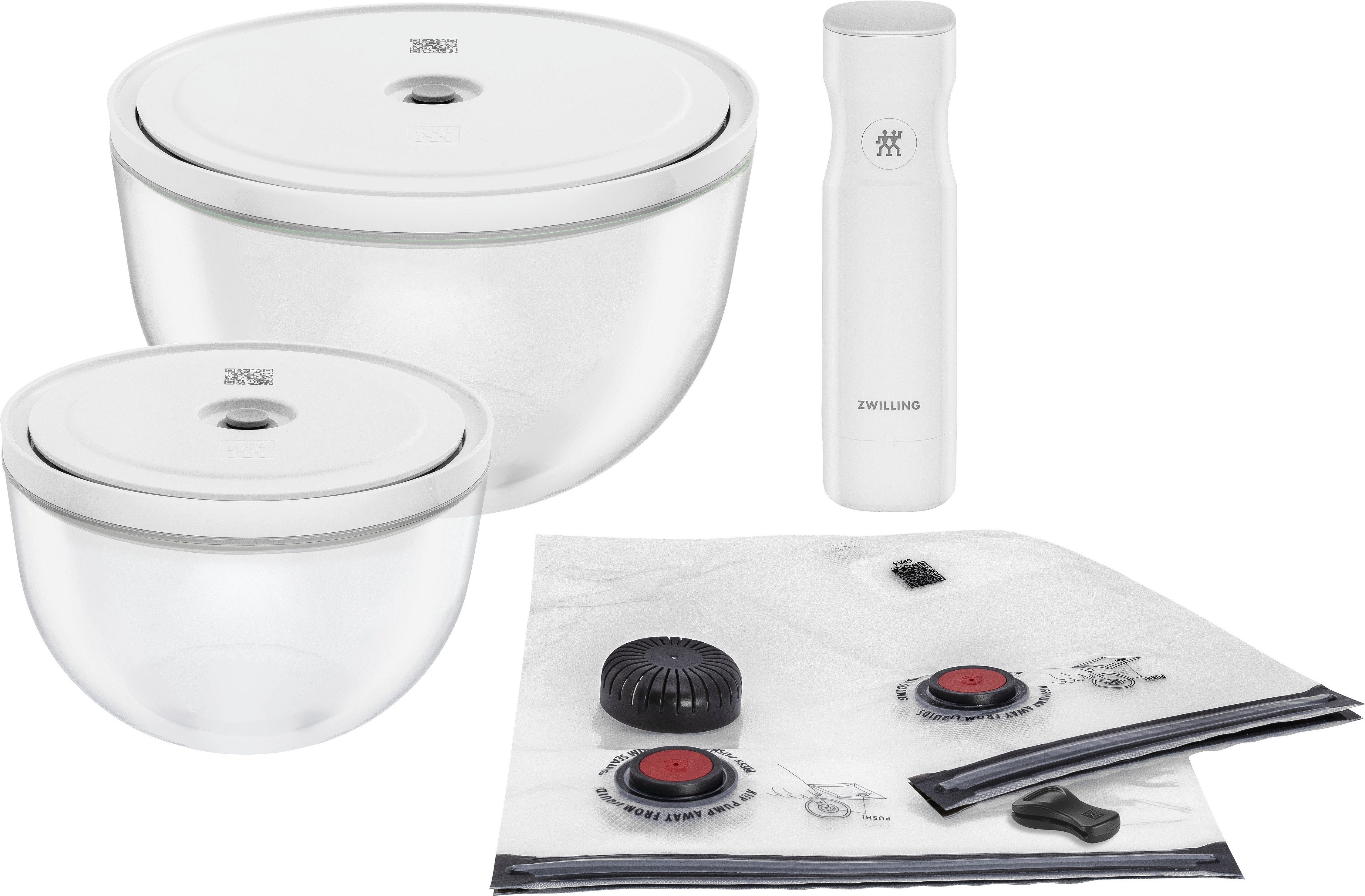 Zwilling Aufbewahrungssystem Fresh & Save BOWLS, Glas, (Set, 9-tlg., 1 Schüssel + Deckel (M / 18 cm), (L / 24 cm), 1 Pumpe, 1 Bbeutel S + M), Vakuum Starter Set, Glas / M/L, 9-tlg.