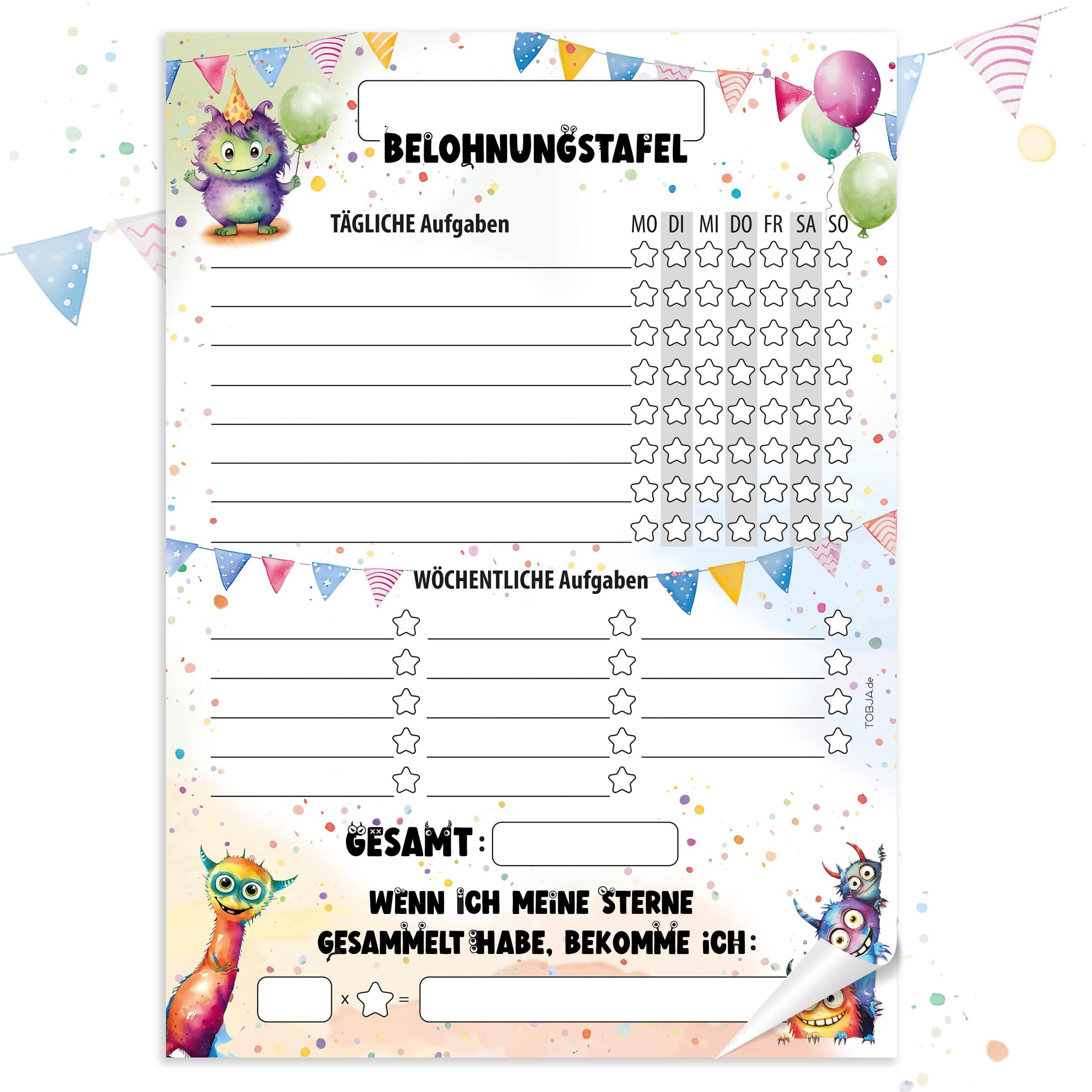 TOBJA Notizblock Belohnungstafel Kinder A4 Block Monster, Motiviert Kinder ab 3 Belohnungssystem