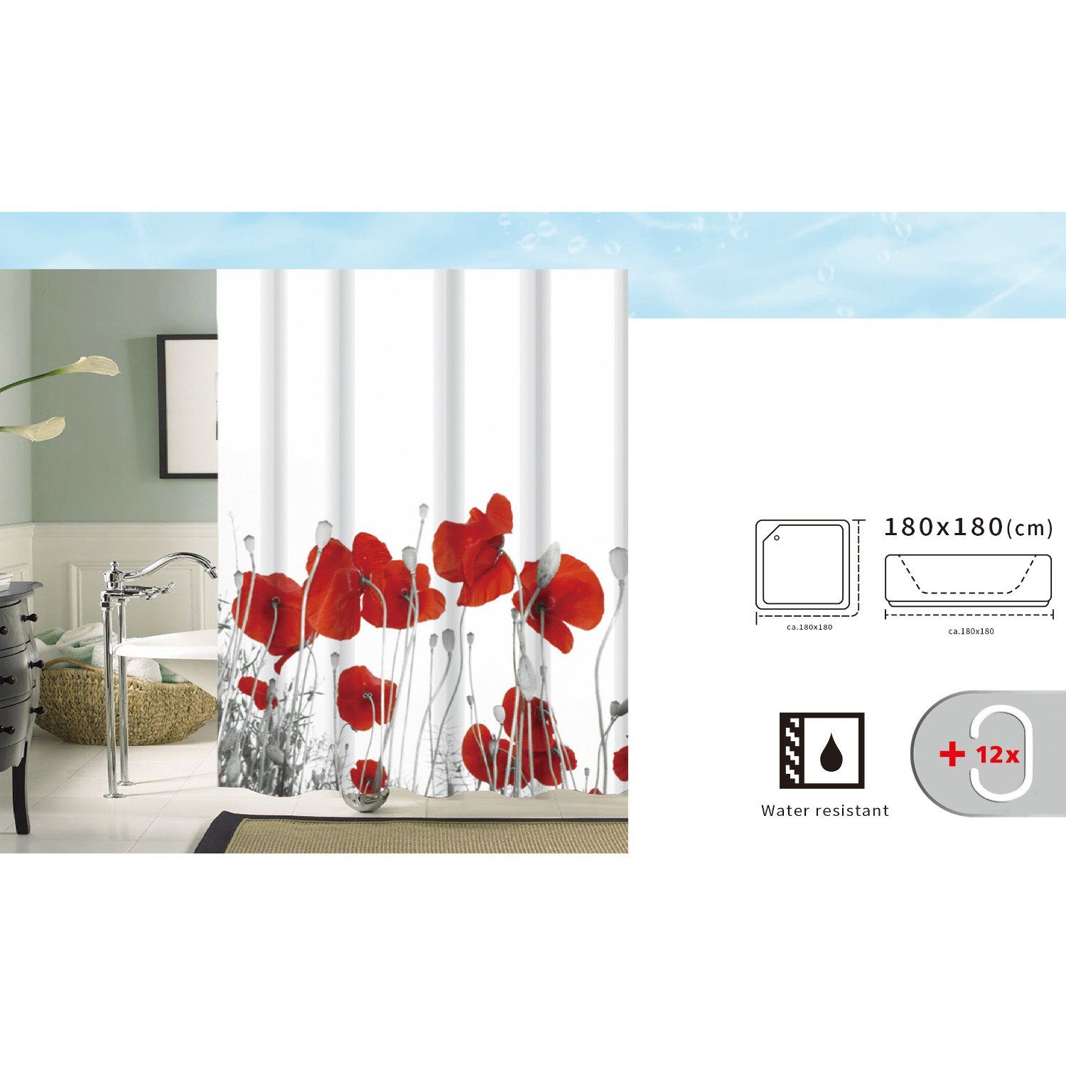 Sanixa Duschvorhang Textil Dusch-Vorhang 180x180 cm Mohn Blume floral Breit günstig online kaufen