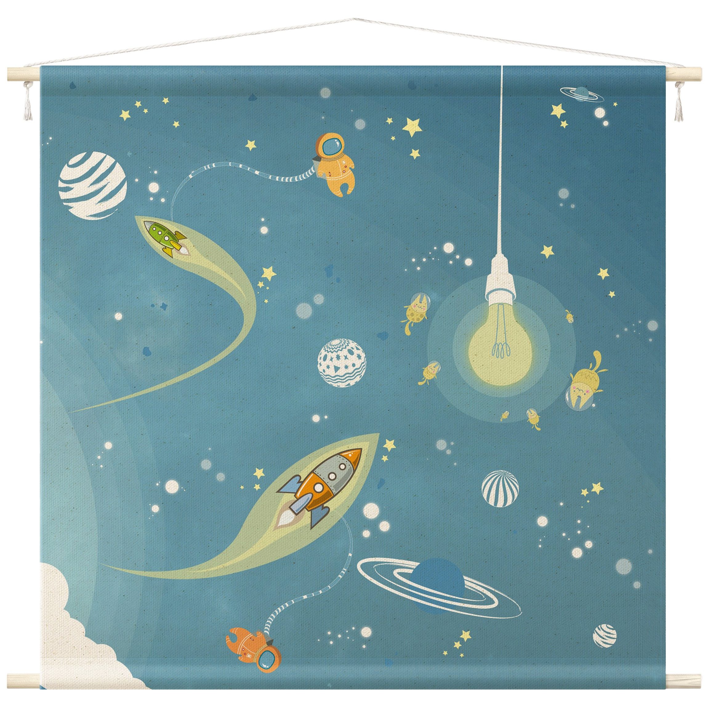 Bilderdepot24 Wandteppich Jungenzimmer modern Weltall blau, quadratisch, Höhe: 2.6 mm, großes Wandbild aus Natur-Baumwolle Wandbehang Stoffbild Tuch Wollseil