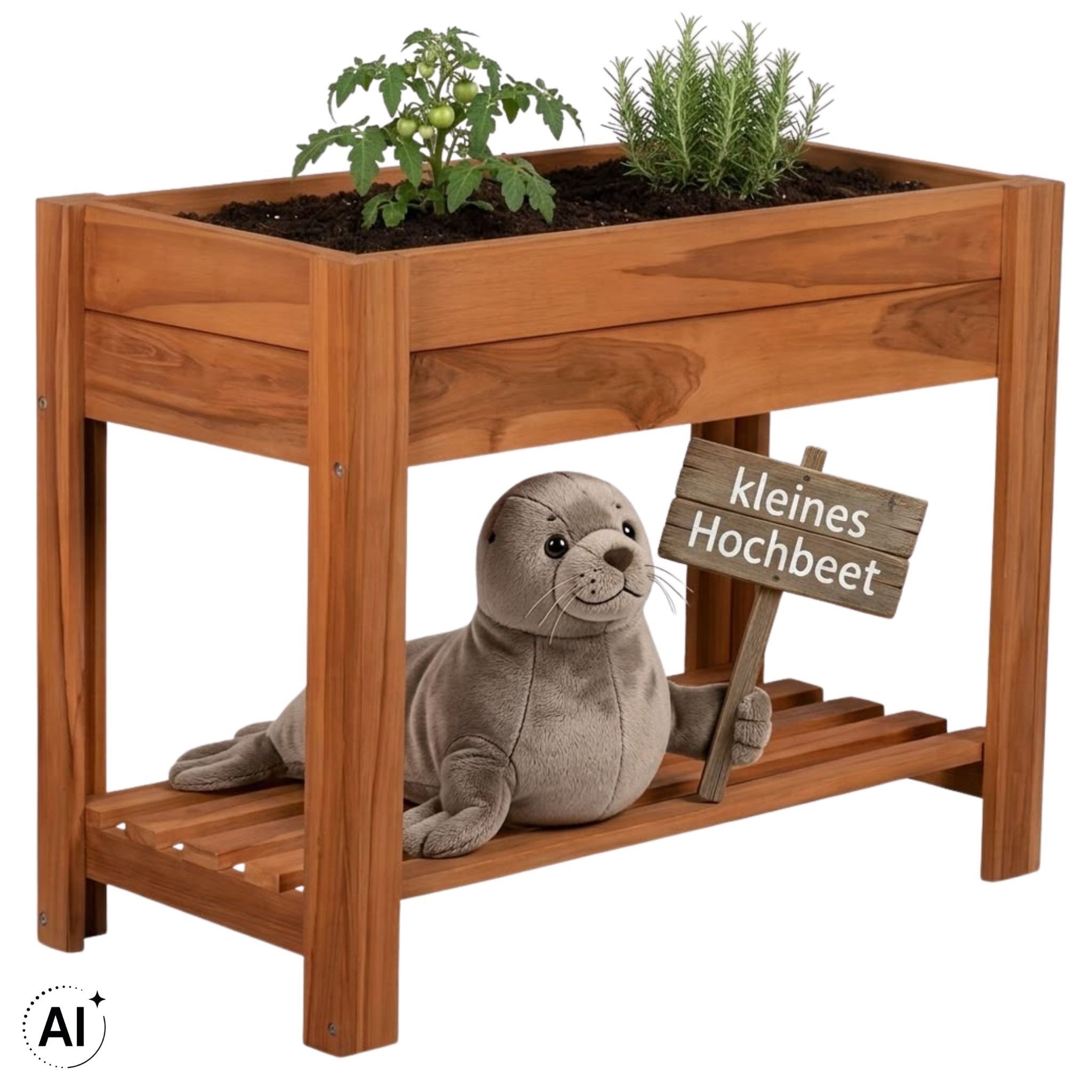 MR.DEKO Hochbeet Kräuter Teak mit Ablagefläche (mit Ablagefläche), Outdoor Hochbeet wetterfest, auch als Pflanztisch nutzbar