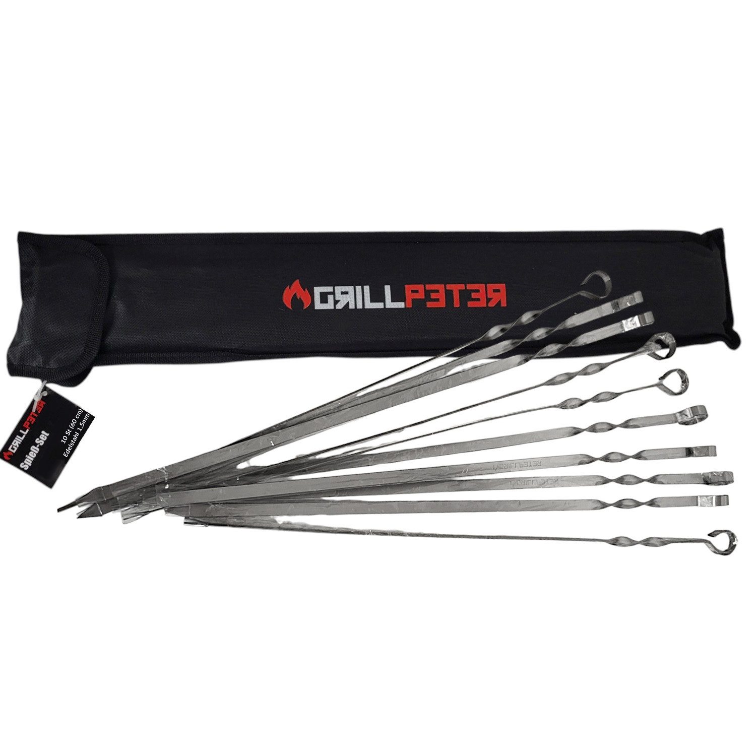 Grillspieß Grillpeter Schaschlik Spieße Edelstahl 10 Stück 60 cm mit Tasche