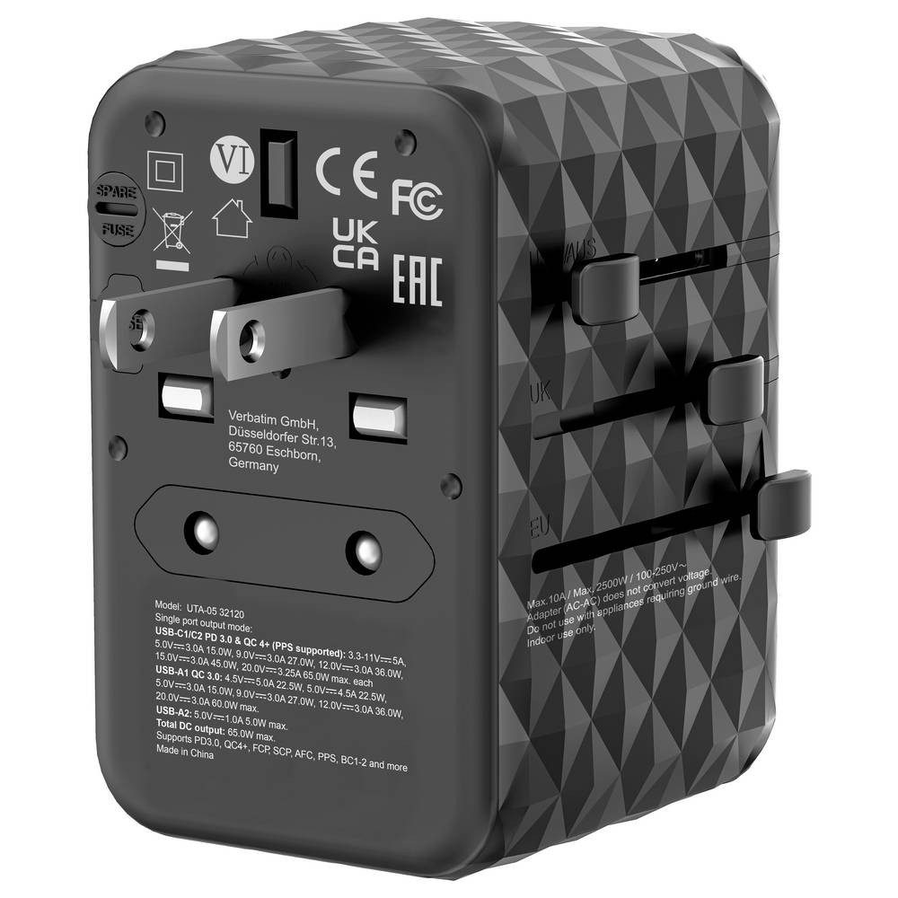 Verbatim UTA-05 GaN III USB Ladegerät 65 W 2x USB-A, 2x USB-C® USB PD, USB PD USB-Ladegerät (GaN) – Bild 5 von 5