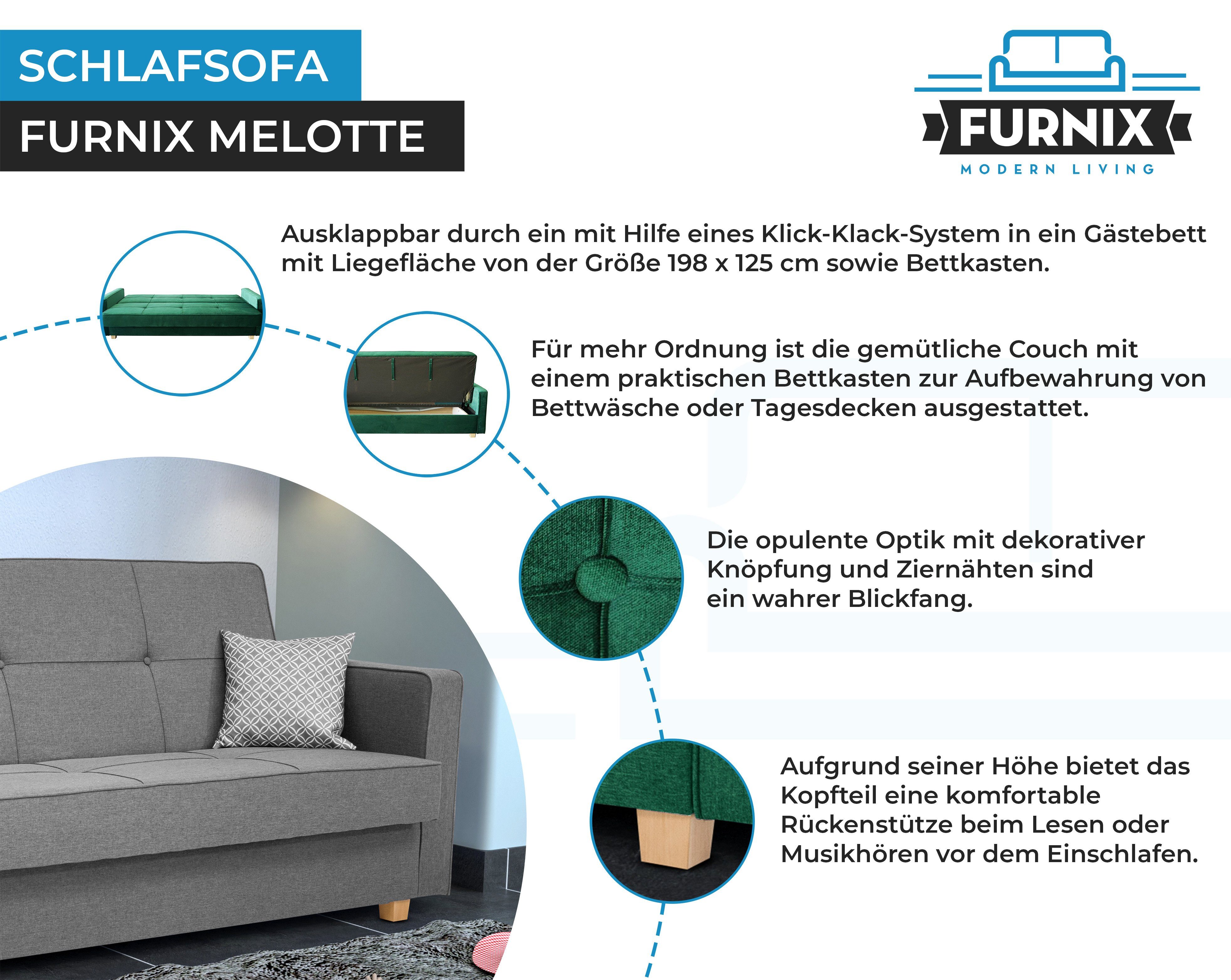 Schlafsofa in Furnix H95 x Bettkasten, LX32 T95 Schlaffunktion EU B216 x cm, MELOTTE Made mit Polstercouch Klick-Klick-Mechanik, & Grau