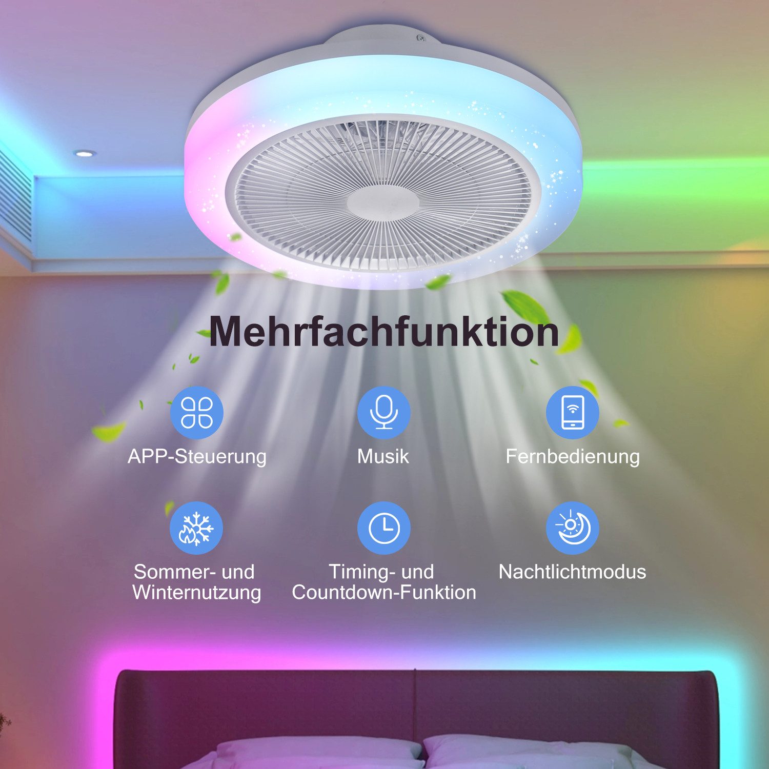 oyajia Deckenleuchte 45W Music LED Deckenleuchte mit Lautsprecher, Leiser Deckenventilator, Luftzirkulationsfunktion, LED fest integriert, RGB Farbwechsel (3000 – Bild 4 von 5