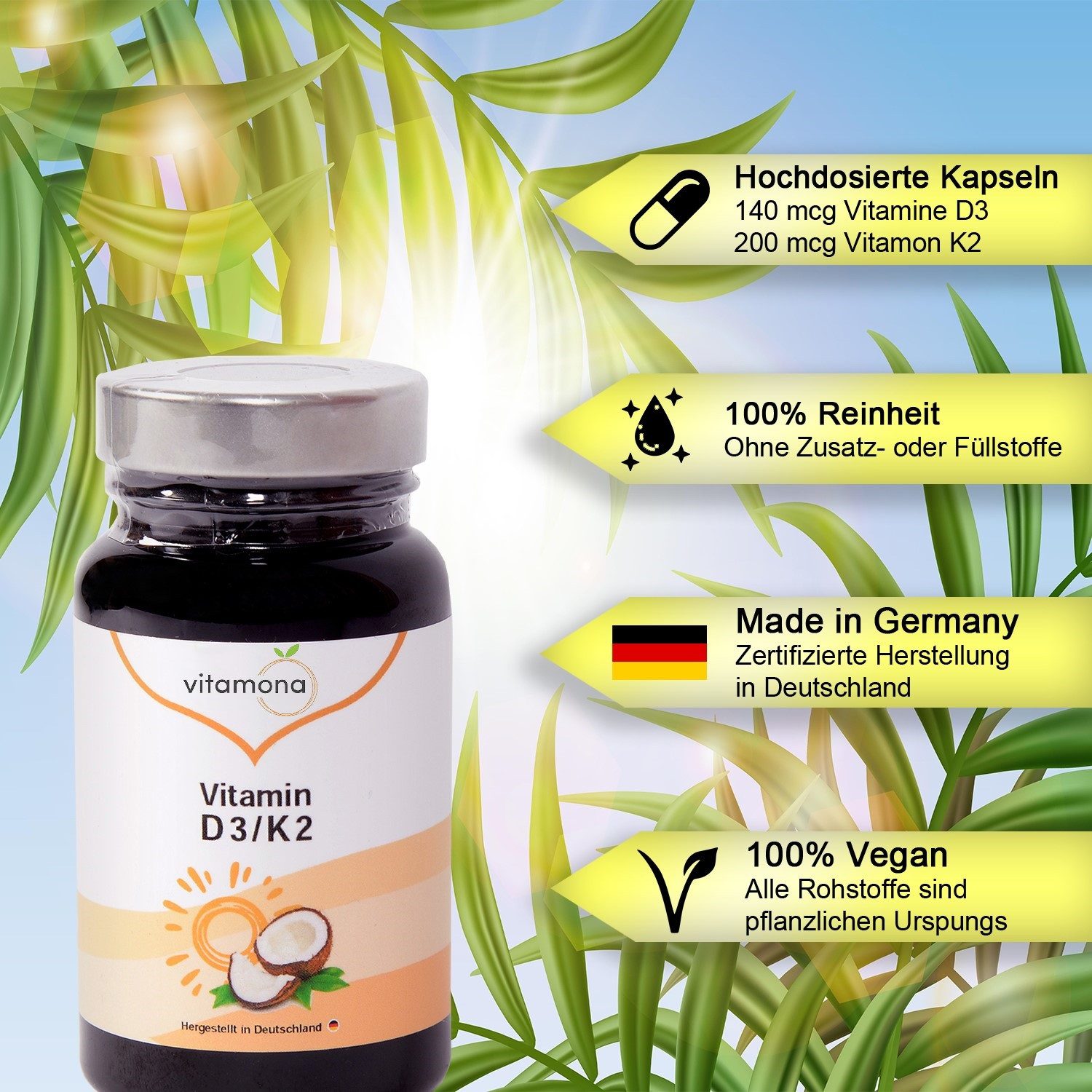 Vitamona Vitamin D3 + K2 Kapseln 60 Stück Vegan Kapseln