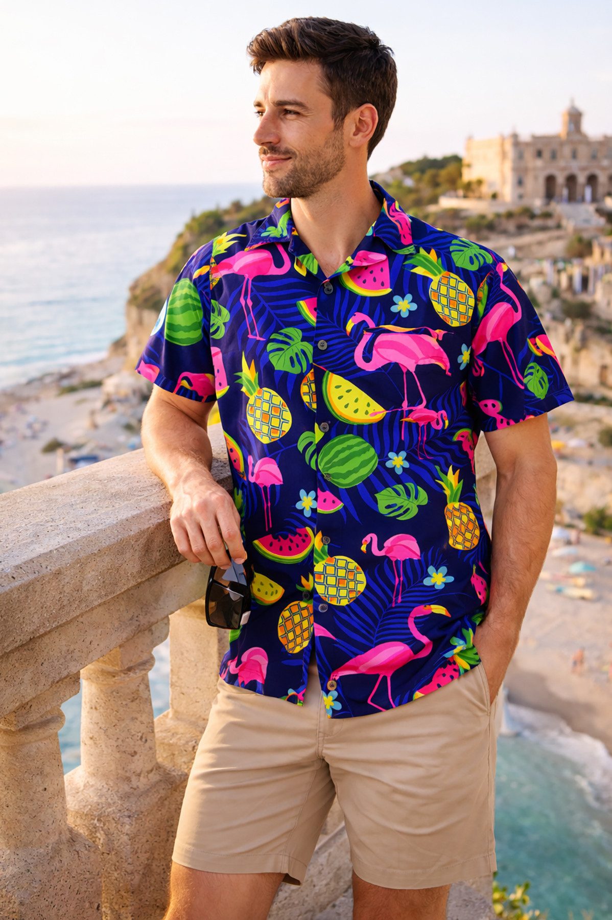 King Kameha Hawaiihemd "Flamingo Melone" Funky Hawaiihemd Herren Kurzarm Fronttasche Stylish