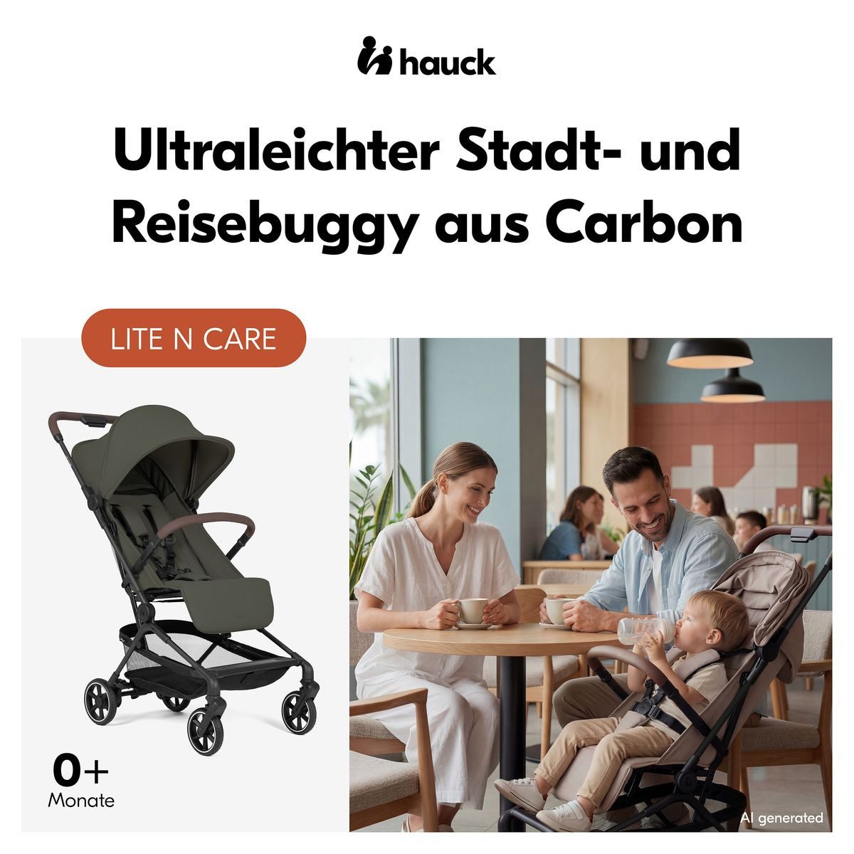 Hauck Kinder-Buggy Lite N Care - Olive, Sportwagen Reisebuggy faltbar mit Liegefunktion & Zubehör bis 22 kg