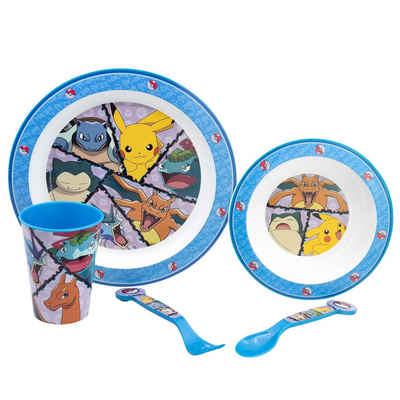 POKÉMON Frühstücks-Geschirrset Pokemon Pikachu Kinder 5 teiliges Set, 1 Personen, Kuststoff, Teller und Schüssel Becher Gabel Löffel