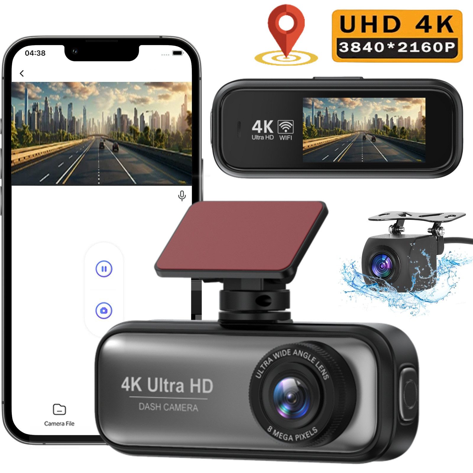 Auto, 2-Kanal 4K+1080P Autokamera, WiFi Dashcam mit GPS Dashcam Dashcam