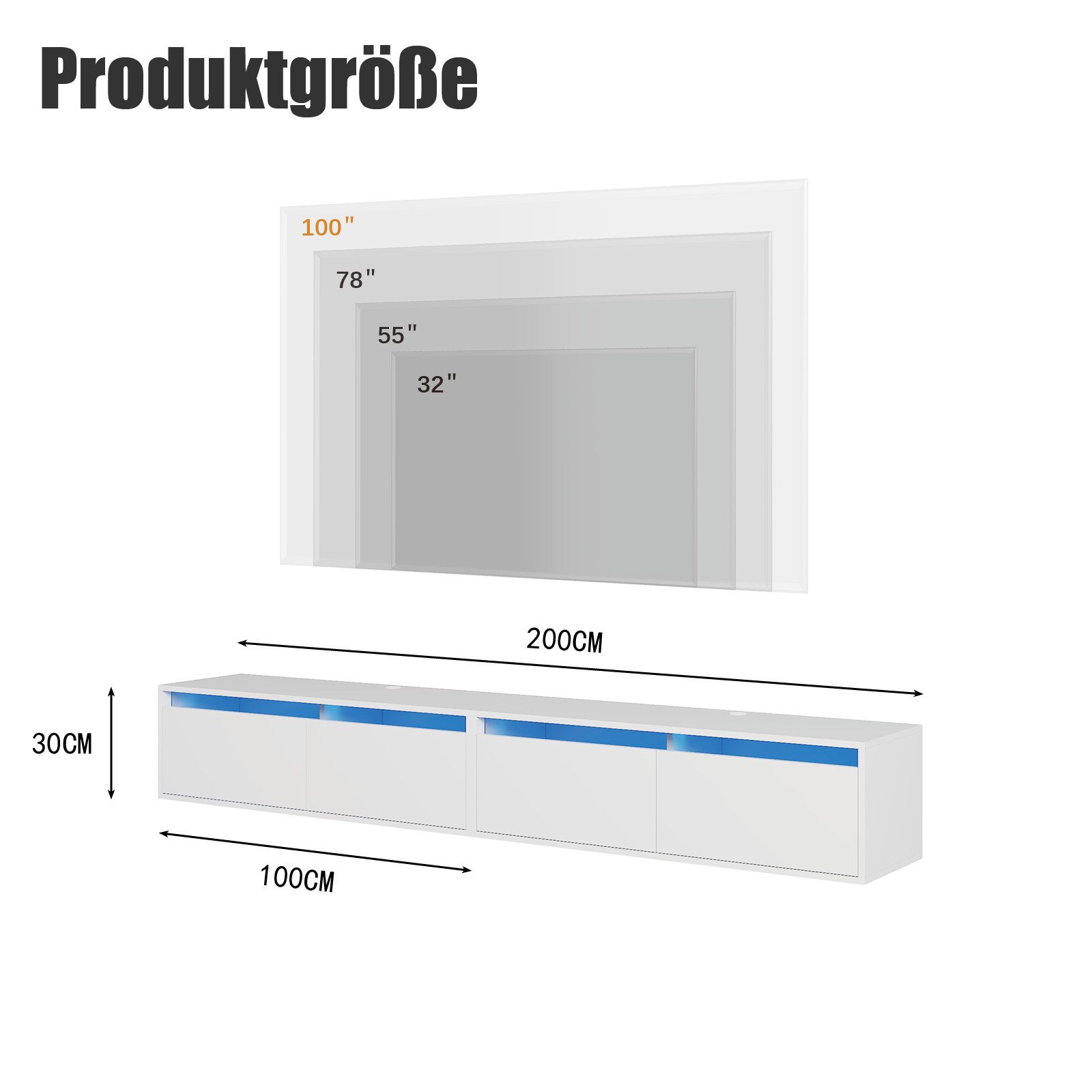 radelldar Lowboard mit LED-Beleuchtung, hängender TV-Schrank (2 St), modernes griffloses TV-Board mit 2 Türen, 100 cm breit