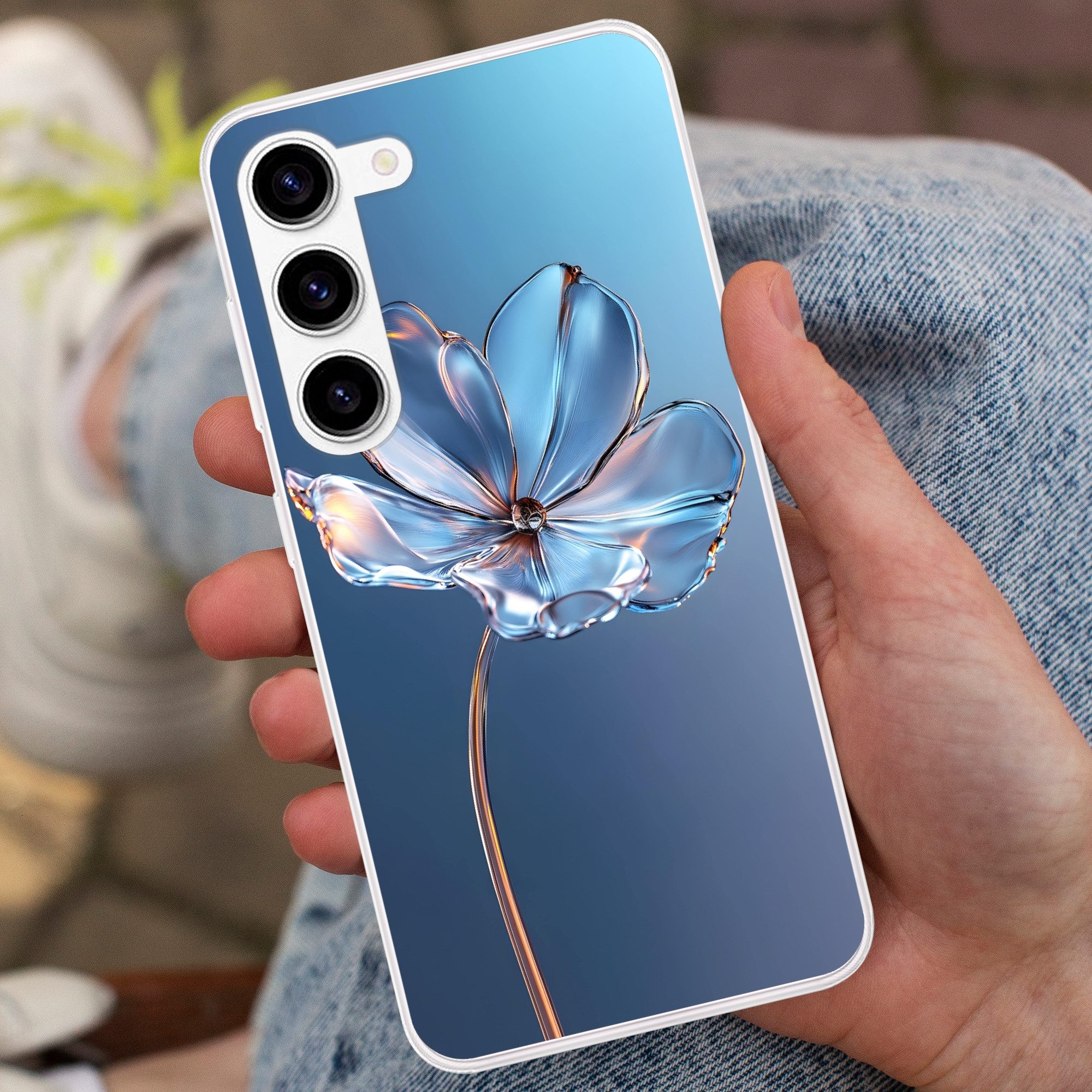 MuchoWow Handyhülle für Samsung Galaxy S23 Blau - Blume - Gläser - Verziert, Phone Case, Silikon, Schutzhülle Dünn