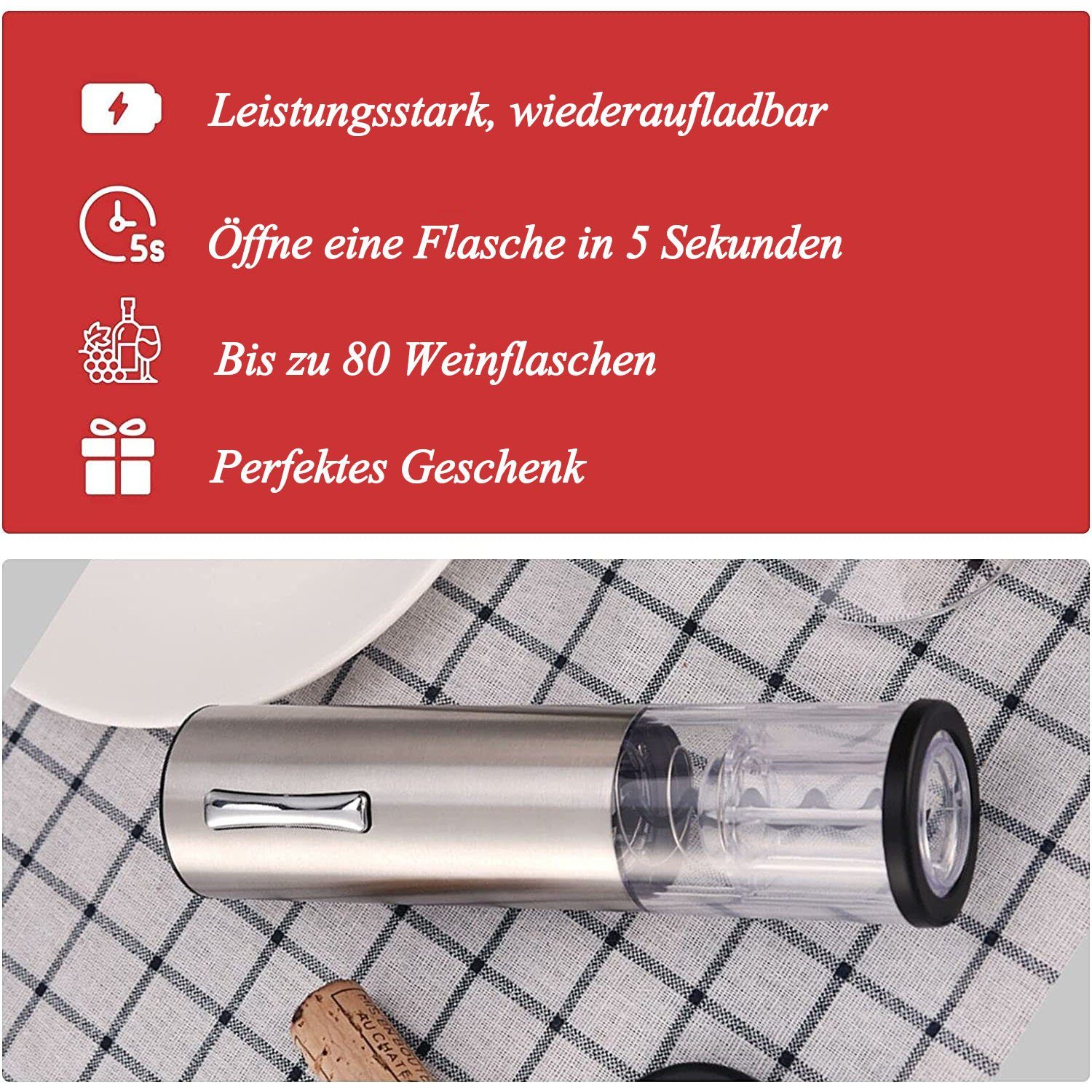 zggzerg Weinflaschenöffner Weinflaschenoffner>>Elektrischer Korkenzieher  4-in-1 Set, Weinöffner (4-tlg),