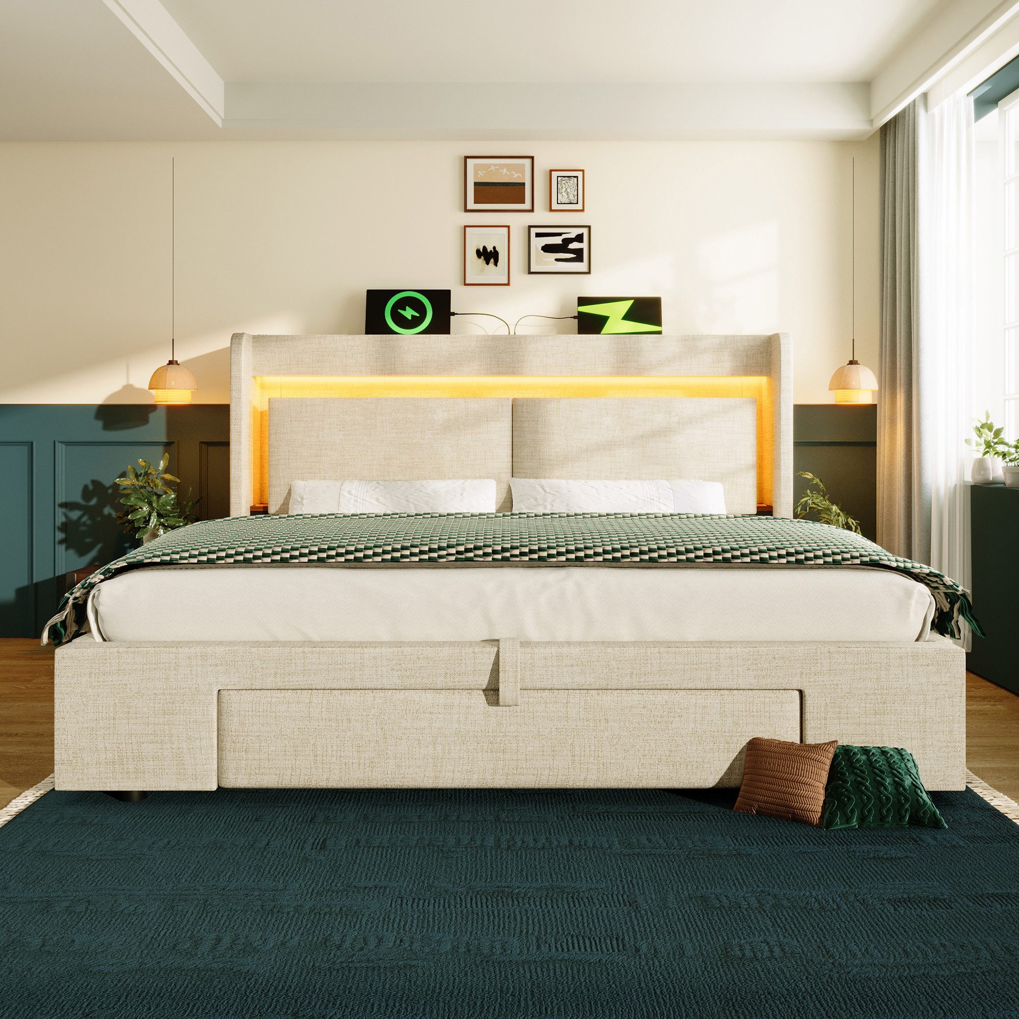 STILVORA Polsterbett 180x200 mit Stauraum Funtionbett Bettgestell mit LED und Anschluss (Funktionsbett, 1-tlg., Kopfteil mit Aufbewahrungsfach, Holzlatten-Bettgestell), LED-Beleuchtung sowie USB & USB-C Anschluss( ohne Matratze )