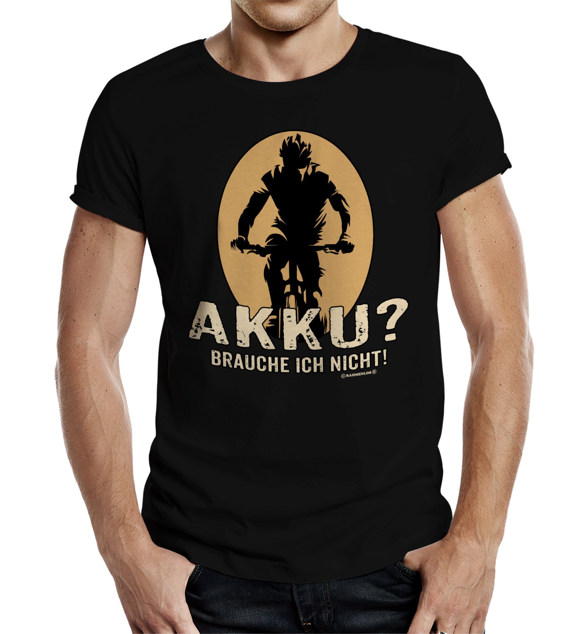 RAHMENLOS® T-Shirt als Geschenk für Radfahrer - Akku? Brauche ich Nicht!