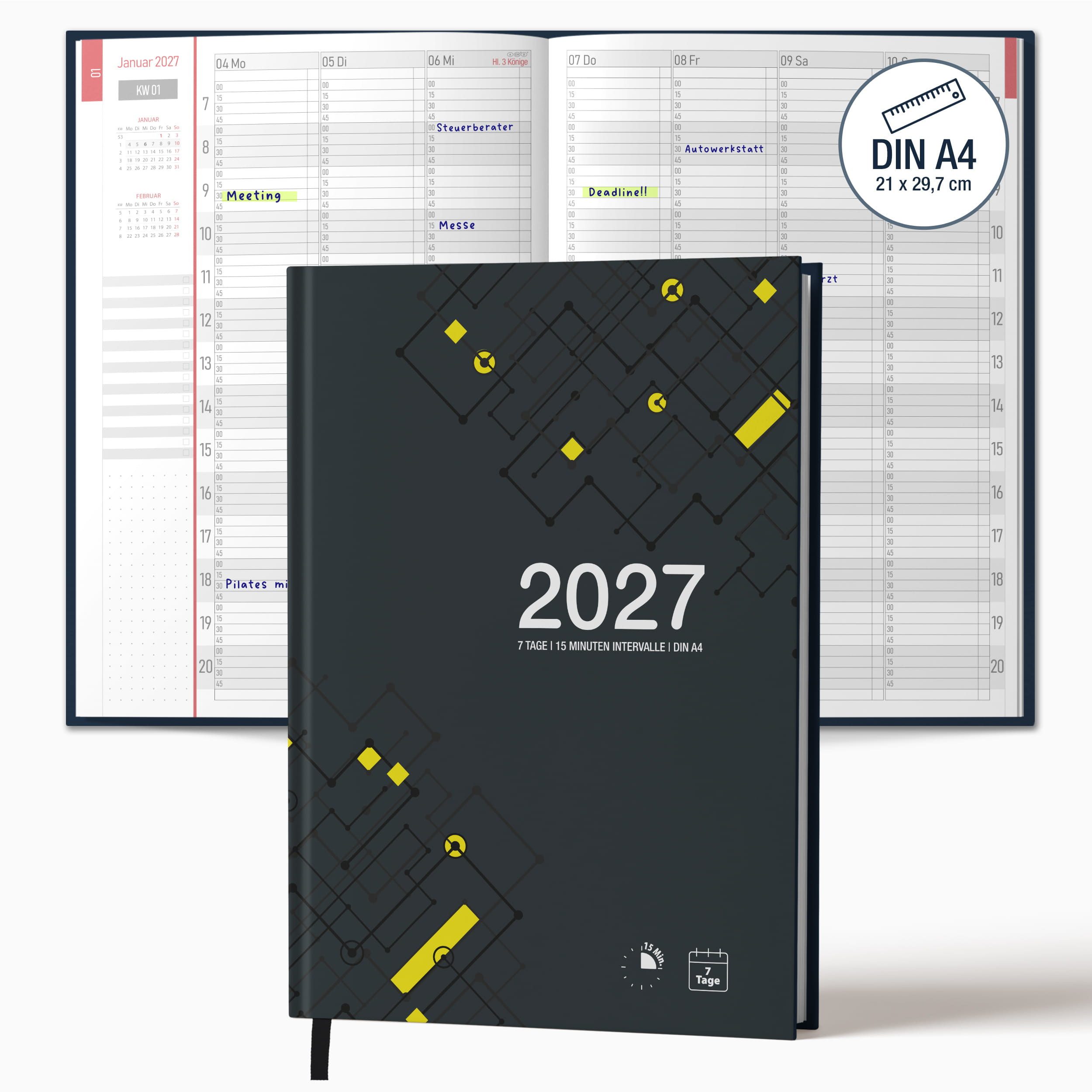 TOBJA Buchkalender Praxisplaner 2027 A4 Urban Hardcover Tattoo Barber 15 Min Takt FSC, Hardcover Layflat, A4, 15-Min-Takt, Urban-Design, FSC, 23-Mitarbeiter