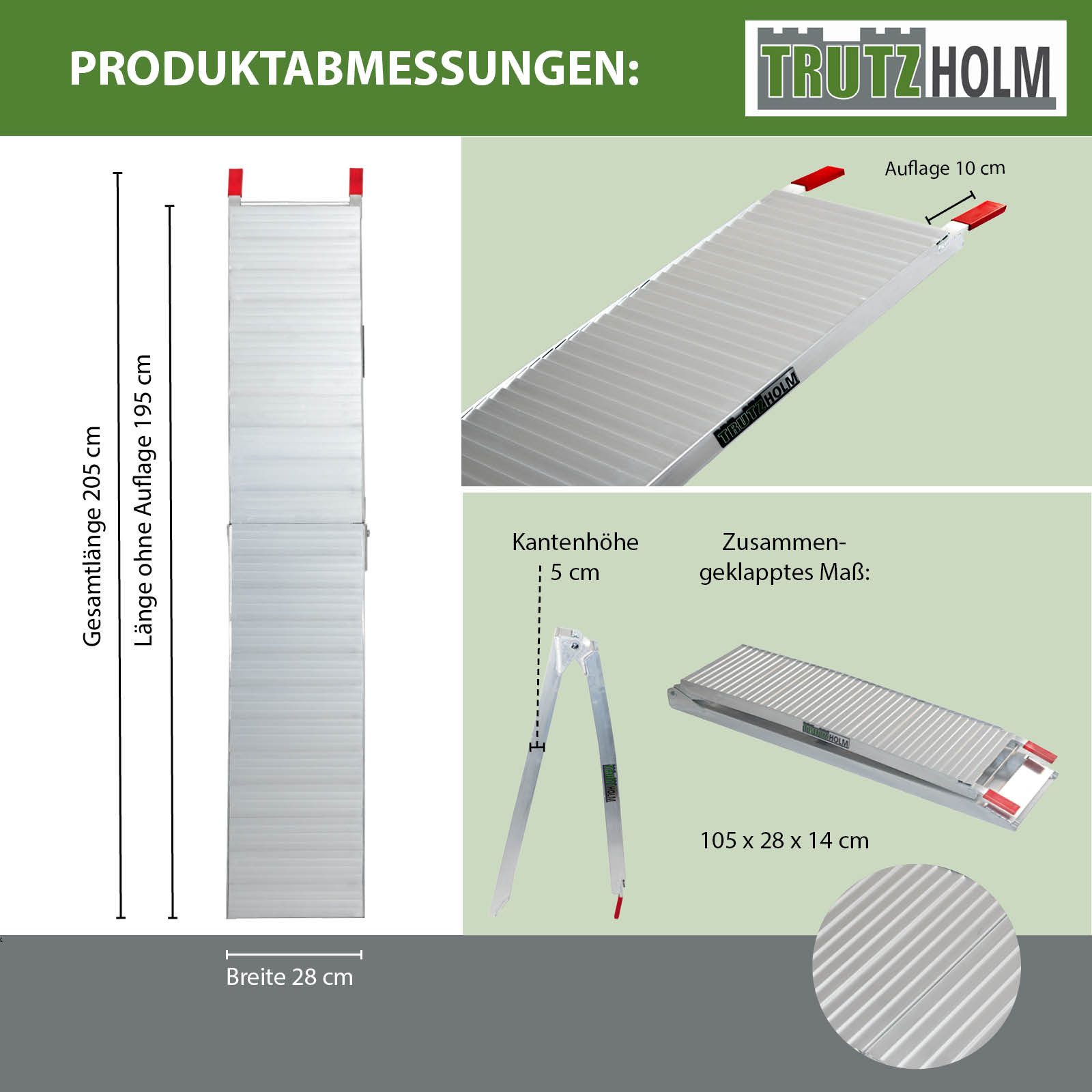 TRUTZHOLM Auffahrrampe Alu 205cm 680kg Tragkraft klappbar rutschhemmend gerillt Verladerampen (Set, 2-St., 2er Set), 21430