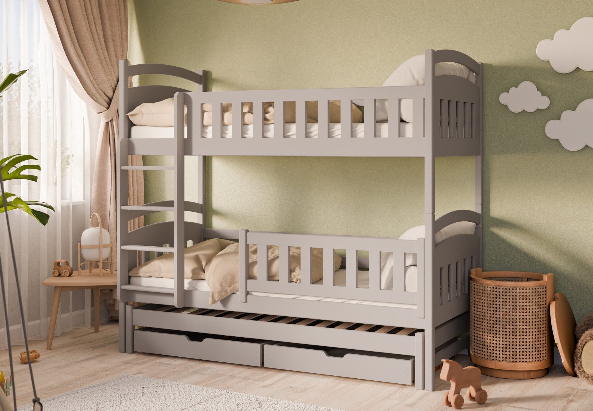 Kids Collective Etagenbett Hochbett Kinderbett 90x200 cm mit Lattenrost und Rausfallschutz, mit Ausziehbett, zwei Schubladen optional drei Матрасы, Kaschmir