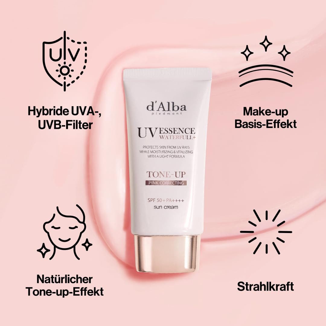 d'Alba Sonnenschutzcreme Waterfull Tone-Up Sun Cream SPF 50+ PA++++ 50ml – UV Essence, Sonnenschutz mit Glow Effekt, Tone-Up Sonnencreme mit Niacinamide, Panthenol & Weißer Trüffel, leichte Korean Skincare Sun Cream für strahlenden Teint