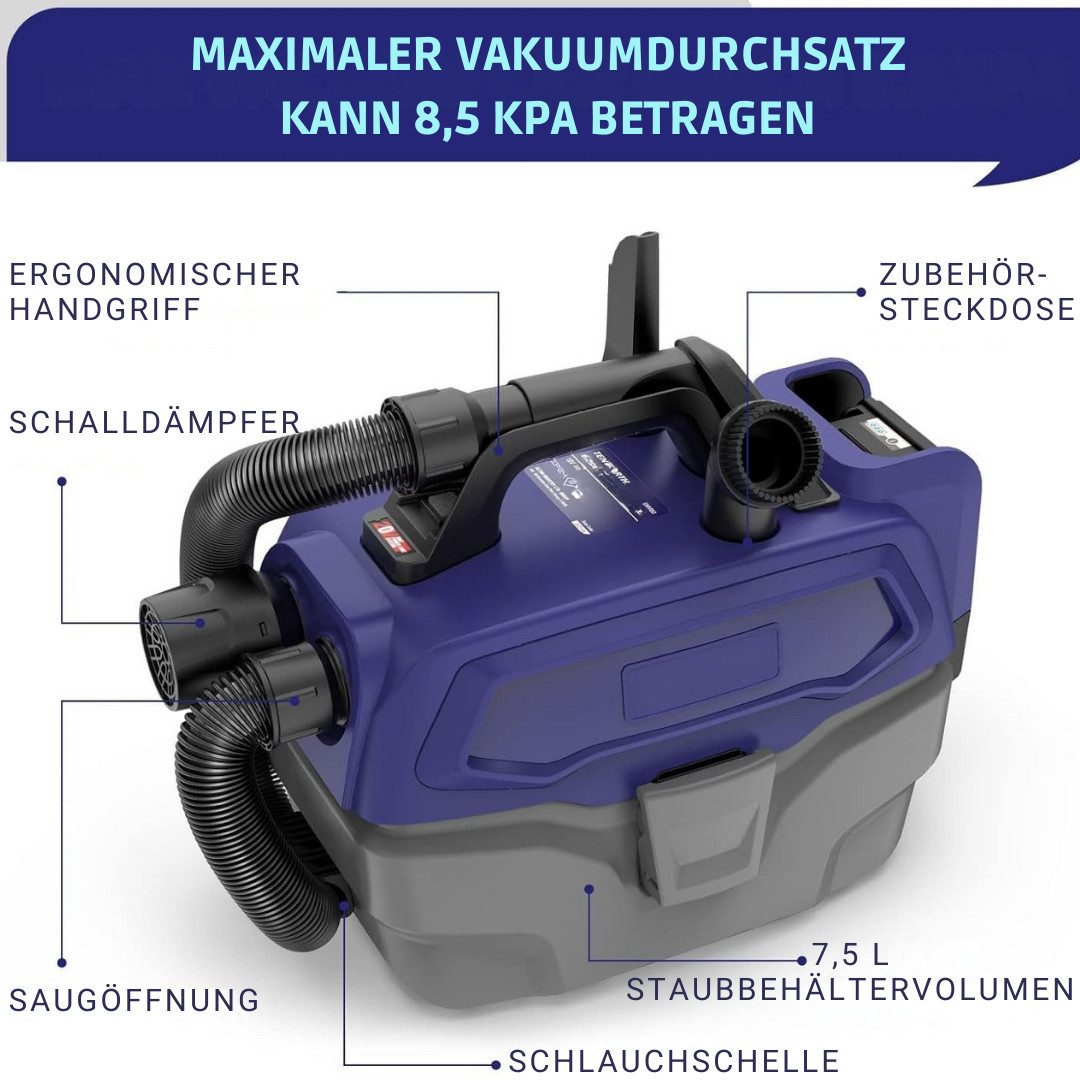 Diyarts Nass-Trocken-Akkusauger TMV053, 200,00 W, Beutellos, 3-in-1Saugen, Blasen 200W, 8,5 kpa HEPA 99,97%5,2 kg leicht Zubehör