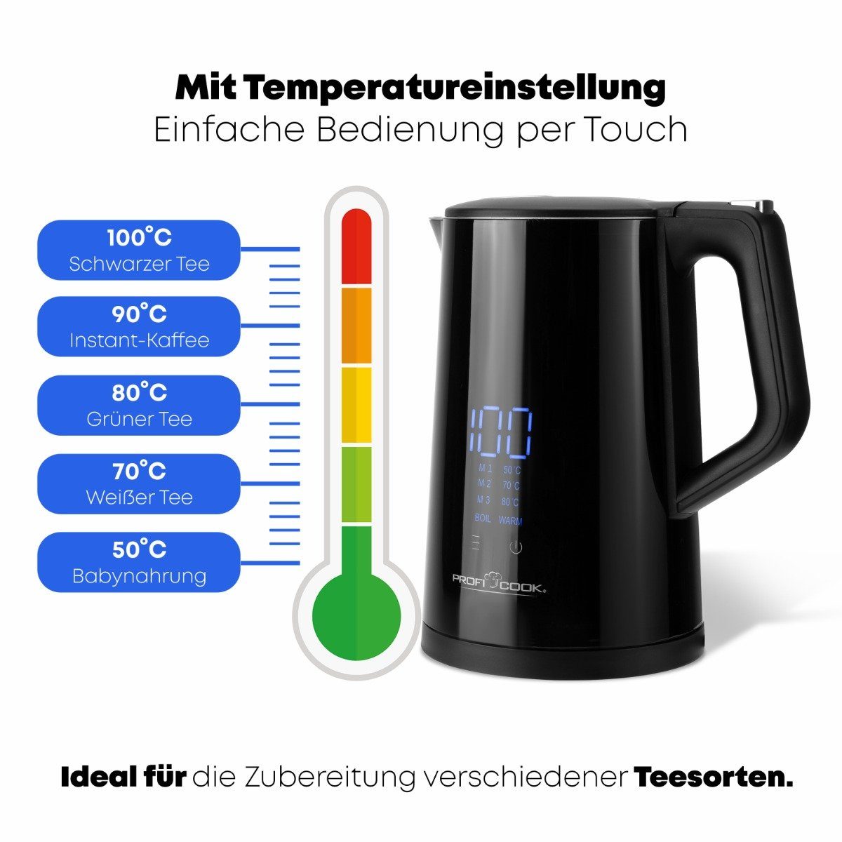 ProfiCook Wasserkocher PC-WKS 1243, 1,7 L Temperatureinstellung 50°-100°C, Soll & Ist Temperaturanzeige
