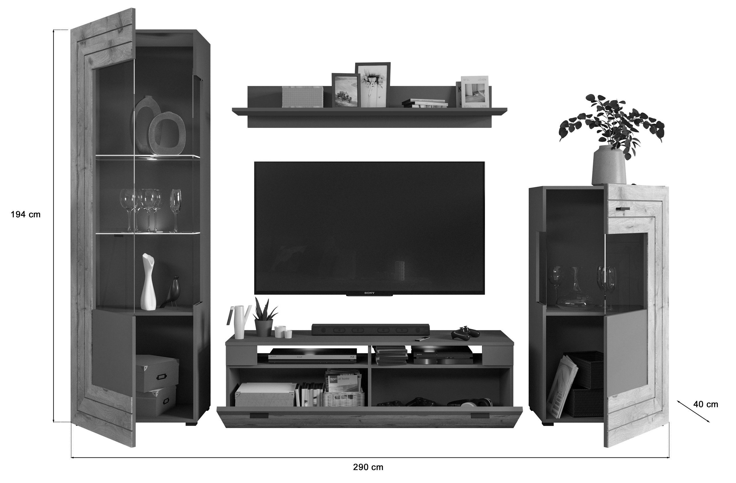 Newroom Wohnwand Grau 290 cm, Wohnwand Grau Schrankwand Anbauwand Industrial Modern Wohnzimmer Sc...