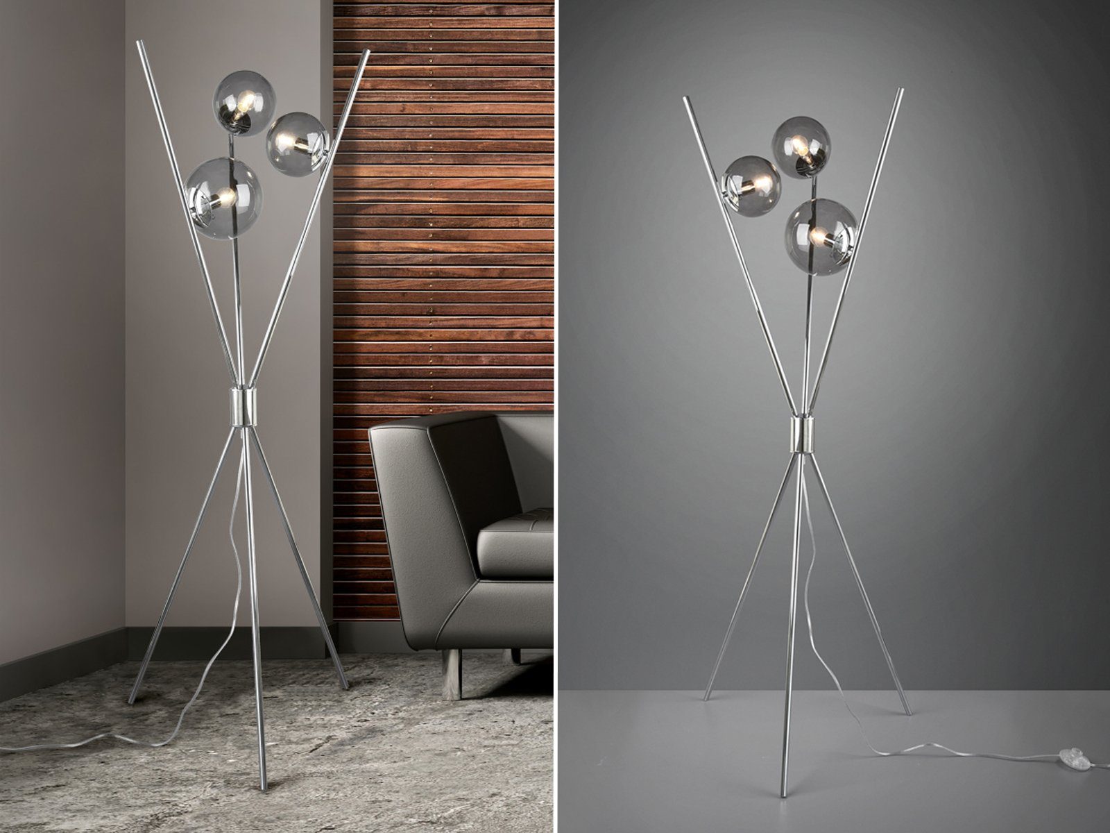 TRIO LED Stehlampe, LED wechselbar, Warmweiß, Tripod ausgefallene moderne Rauch-Glas-kugel Lampe Dreibein Höhe 156cm Rauchfarbig-Silber