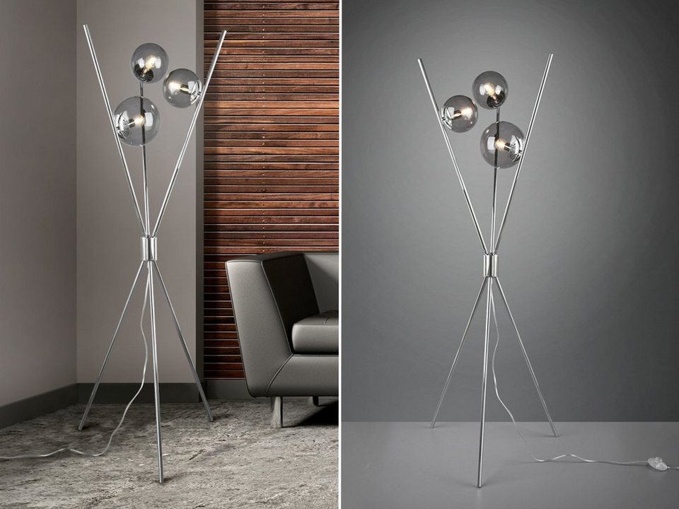 TRIO LED Stehlampe, LED wechselbar, Warmweiß, Tripod ausgefallene moderne  Rauch-Glas-kugel Lampe Dreibein Höhe 156cm