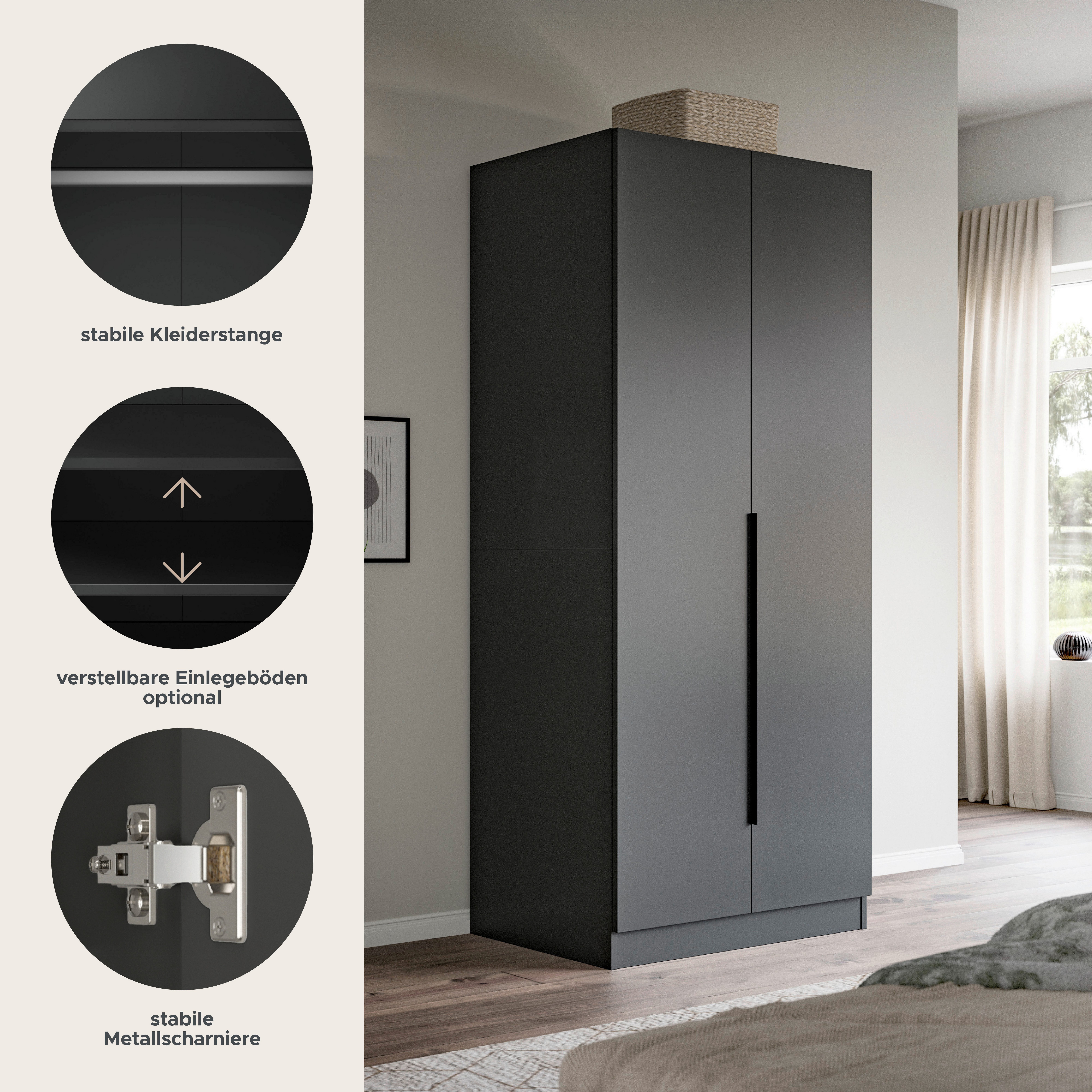 Home affaire Kleiderschrank Skarde Schlafzimmerschrank, Garderobe, Schrank (Otto Bestseller Garderobe Schlafzimmerschrank) Breite: 80 cm, anthrazit, Kleiderstange