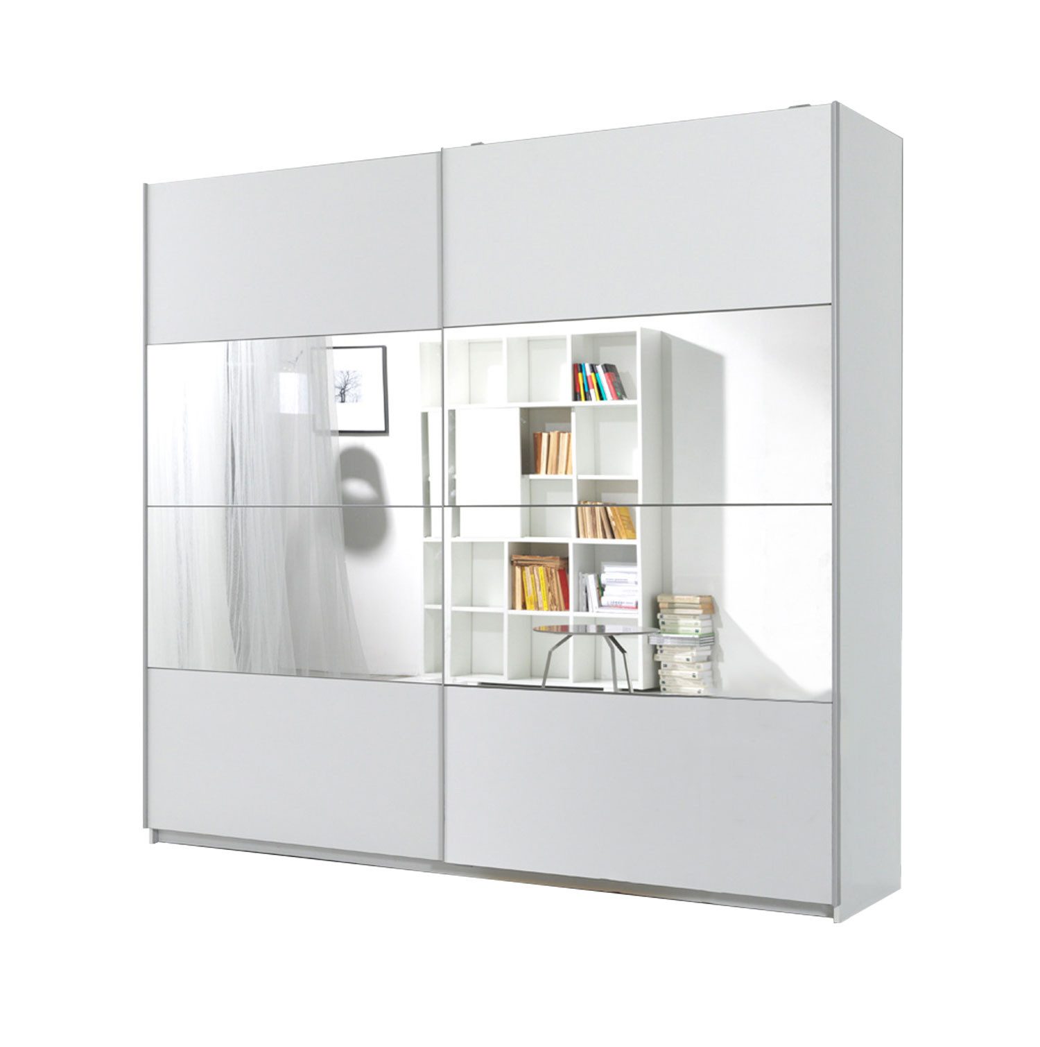 Helvetia Schiebetürenschrank Bilbao (2 Türen, innen 5 Böden & 1 Kleiderstange, mit Spiegel, 1-St., mit Soft-Close Funktion, Griffleisten aus Metall, 221x61x210cm) 221cm weiß Spiegel 2-türig