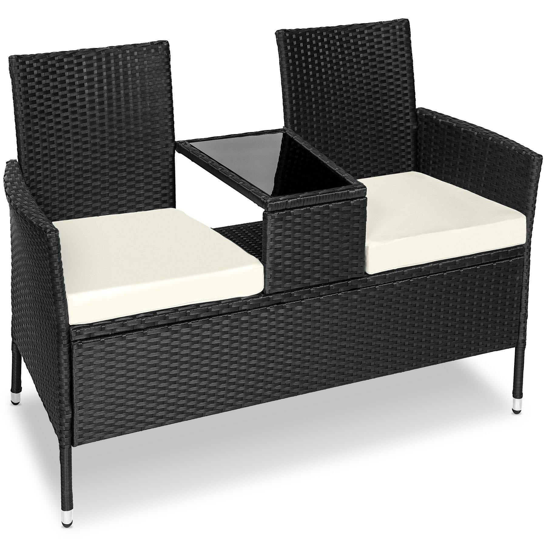 tectake Rattanstuhl Rattan-Gartensitzbank, 2-Sitzer, 133 x 63 x 84 cm, 6-cm-Polster (Gartenbank Narbonne, 1 St), Abnehmbare Sitzpolster foptimaler Sitzkomfort, 6 cm Polsterstärke