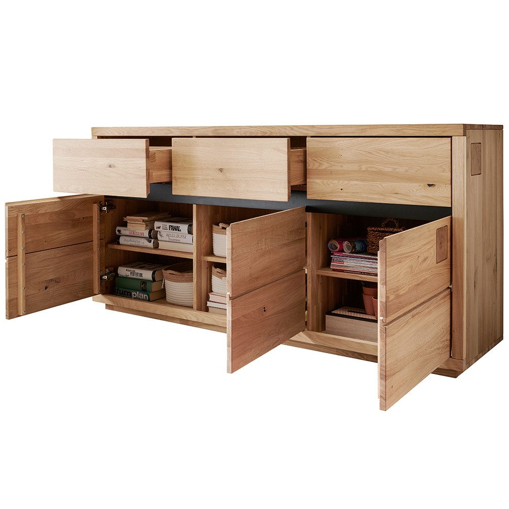 Lomadox Sideboard WINCHESTER-69, Kommode Wohnzimmerschrank 175 cm Eiche massiv geölt Hirnholz-Detail