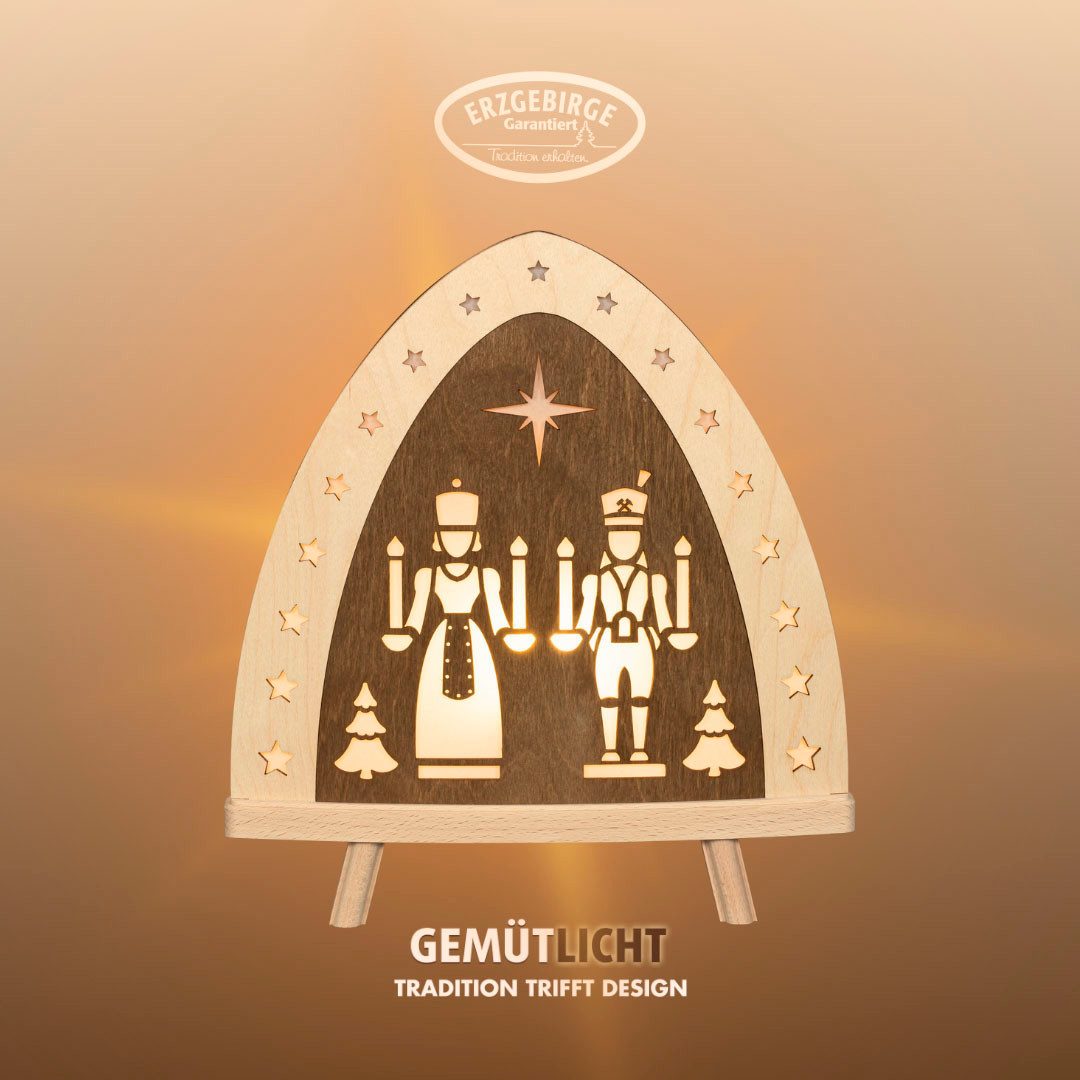 Weigla LED Lichterbogen Engel und Bergmann, Dekoleuchte aus Holz, NATUR-BRAUN, Made in Germany (1-tlg), Erzgebirge garantiert, Weihnachtsdeko Innen, Weihnachtsbeleuchtung