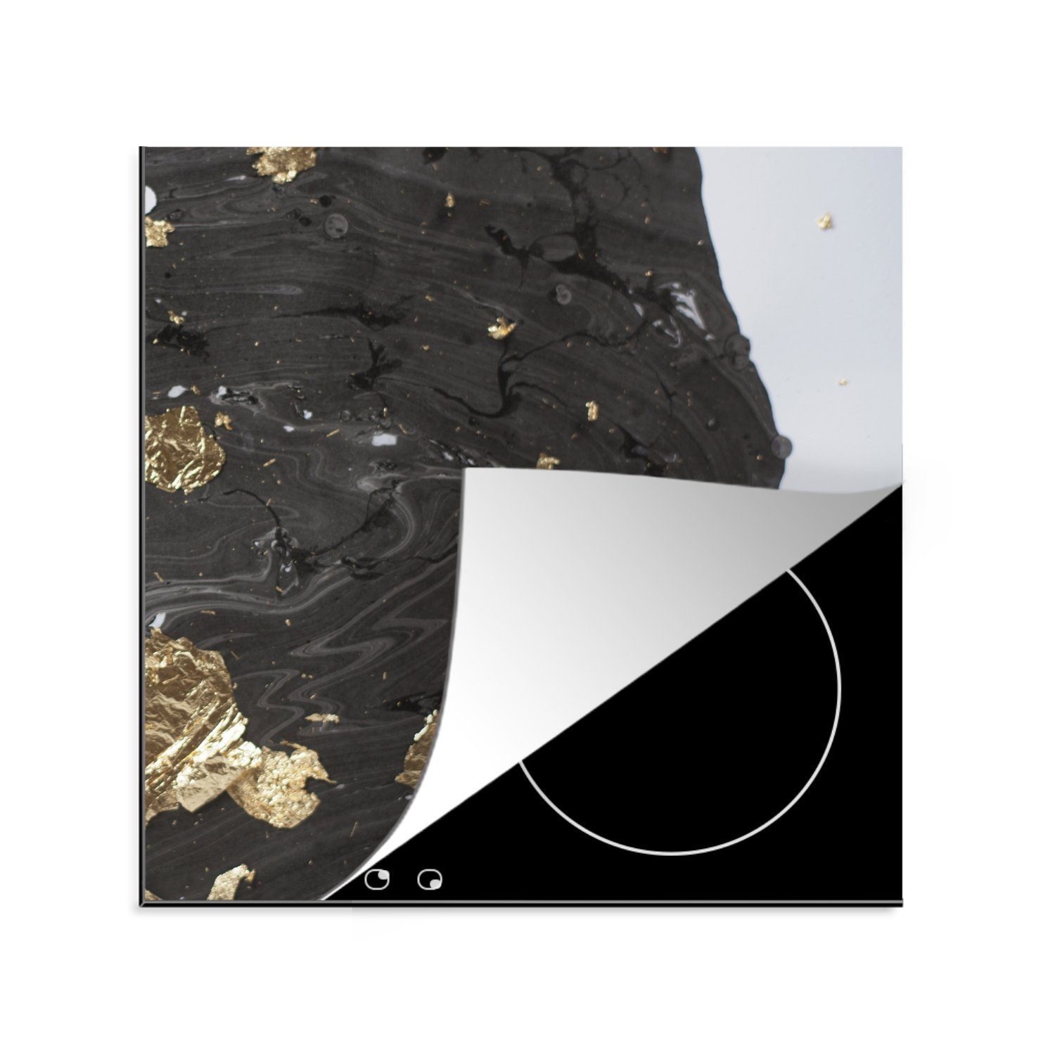MuchoWow Herdblende-/Abdeckplatte Marmor - Schwarz - Gold, Vinyl, (1 tlg), 78x78 cm, Ceranfeldabdeckung, Arbeitsplatte für küche