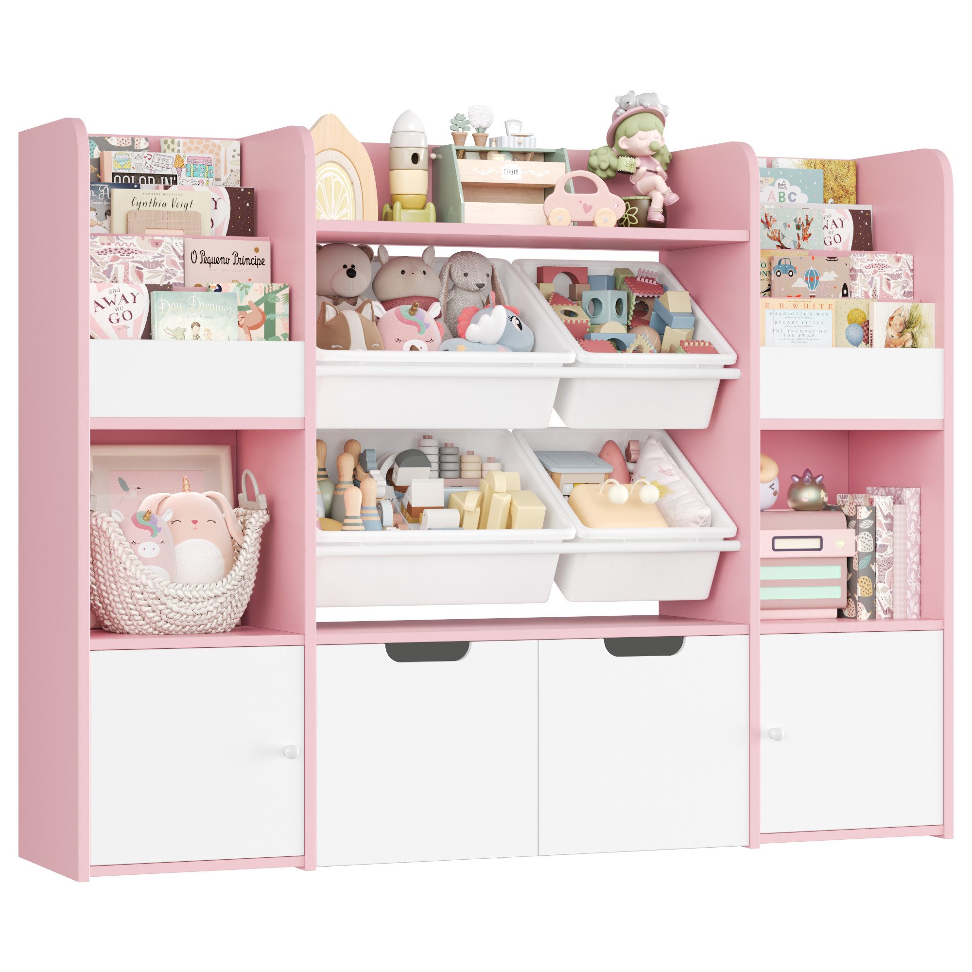 Homfa Spielzeugtruhe Kinderregal mit 2 Schubladen auf Rollen & 4 Boxen Büch günstig online kaufen