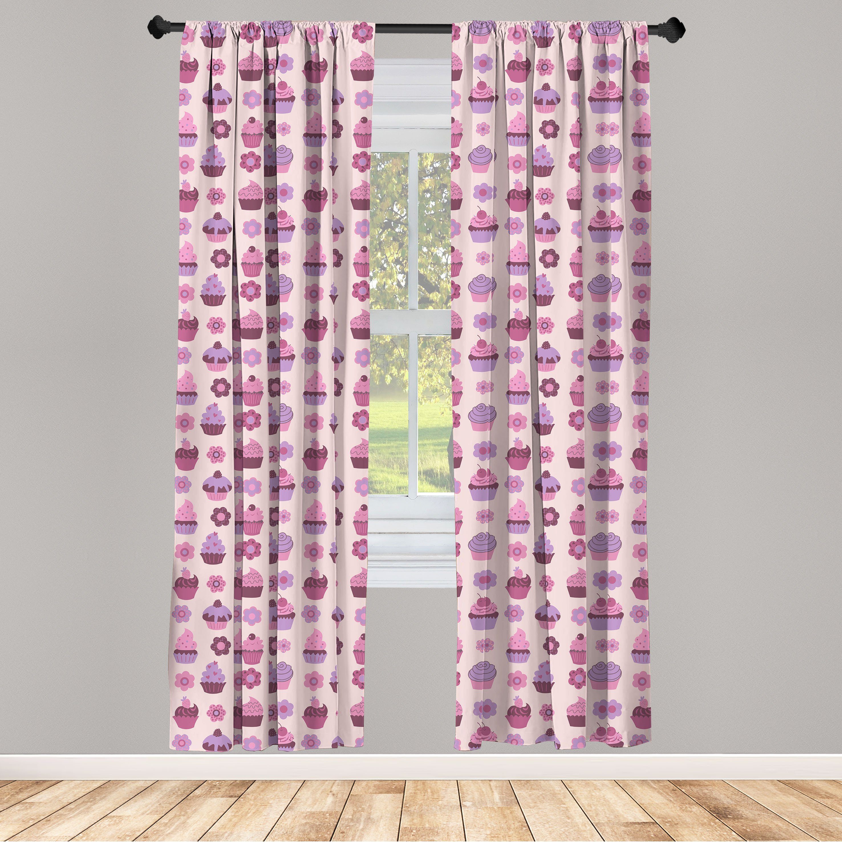 Gardine Vorhang für Wohnzimmer Schlafzimmer Dekor, Abakuhaus, Microfaser, Cupcake Schmackhafte Bäckerei-Blumen-Kunst