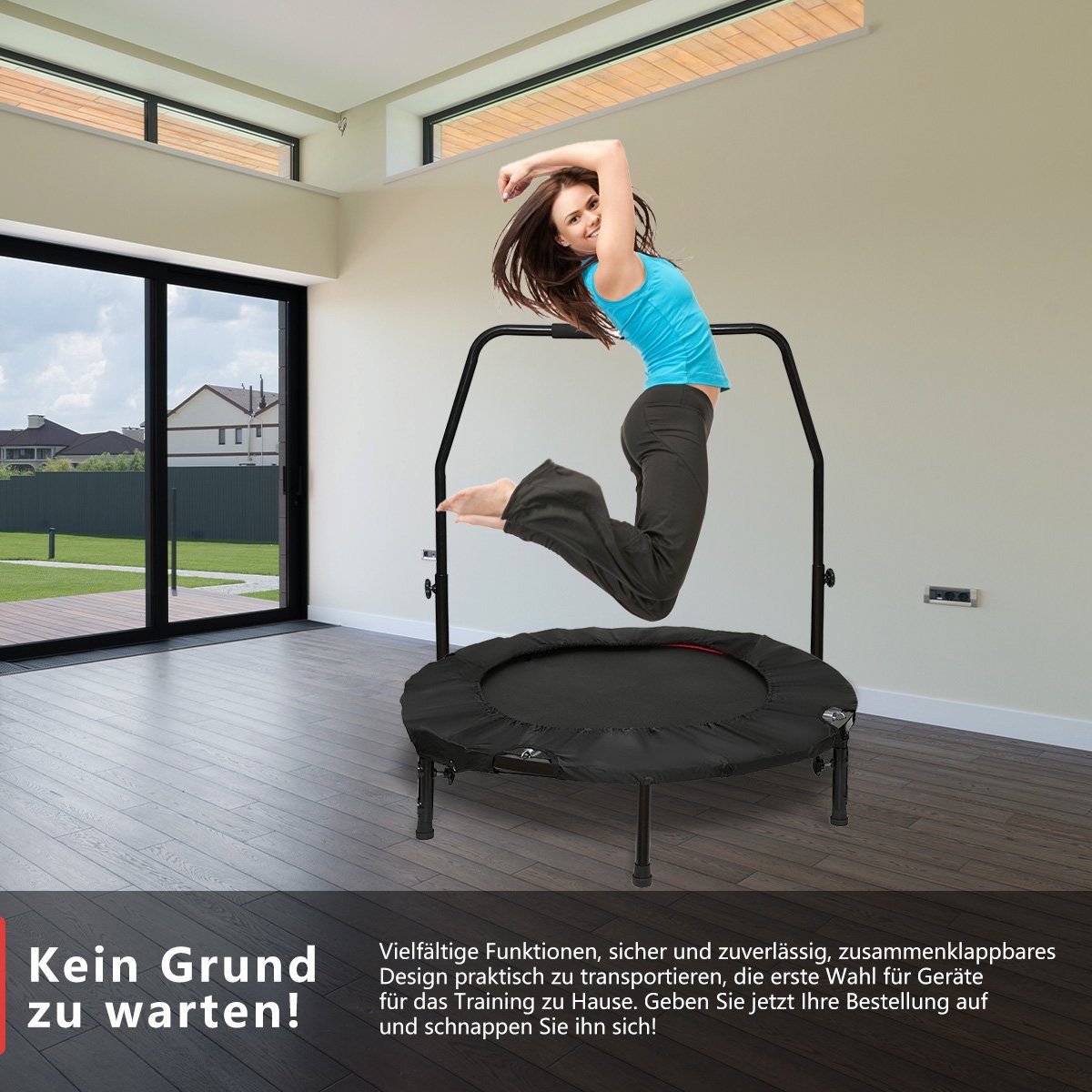 Fitnesstrampolin Ø mit Ø120cm Erwachsene, und mit cm, Indoor Metallfeder, Haltegriff für Fitness MULISOFT Kinder Trampolin Randabdeckung, Faltbar 97 Gartentrampolin