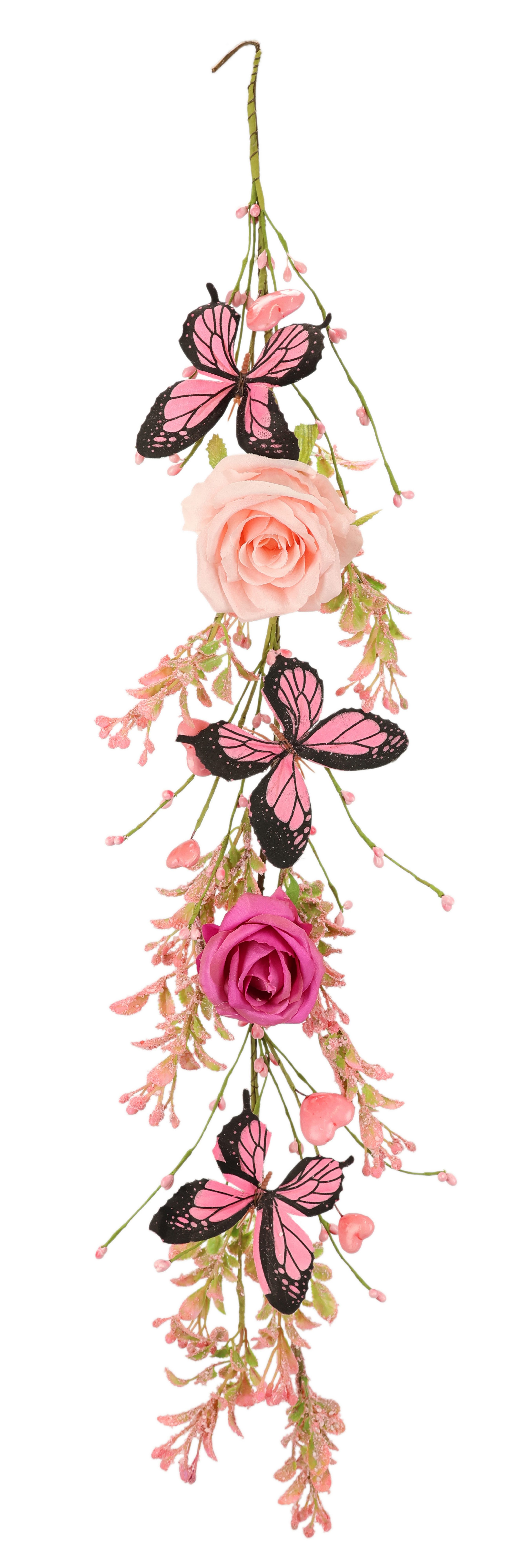 Kunstblume Blumengirlande mit Rosen und Schmetterlinge 80cm hängend Girlande Rosen, I.GE.A., Höhe 80 cm, Blumen Künstlich Seidenblumen für Hochzeit Party Geburtstag Dekor