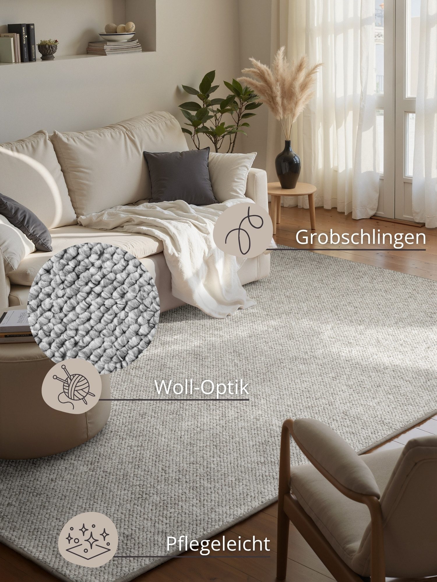 HANSE Home Teppich Wolly 2, rechteckig, Höhe: 12 mm, Flachgewebe, Läufer, Skandi, Woll-Optik, Esszimmer, Wohnzimmer, Flur