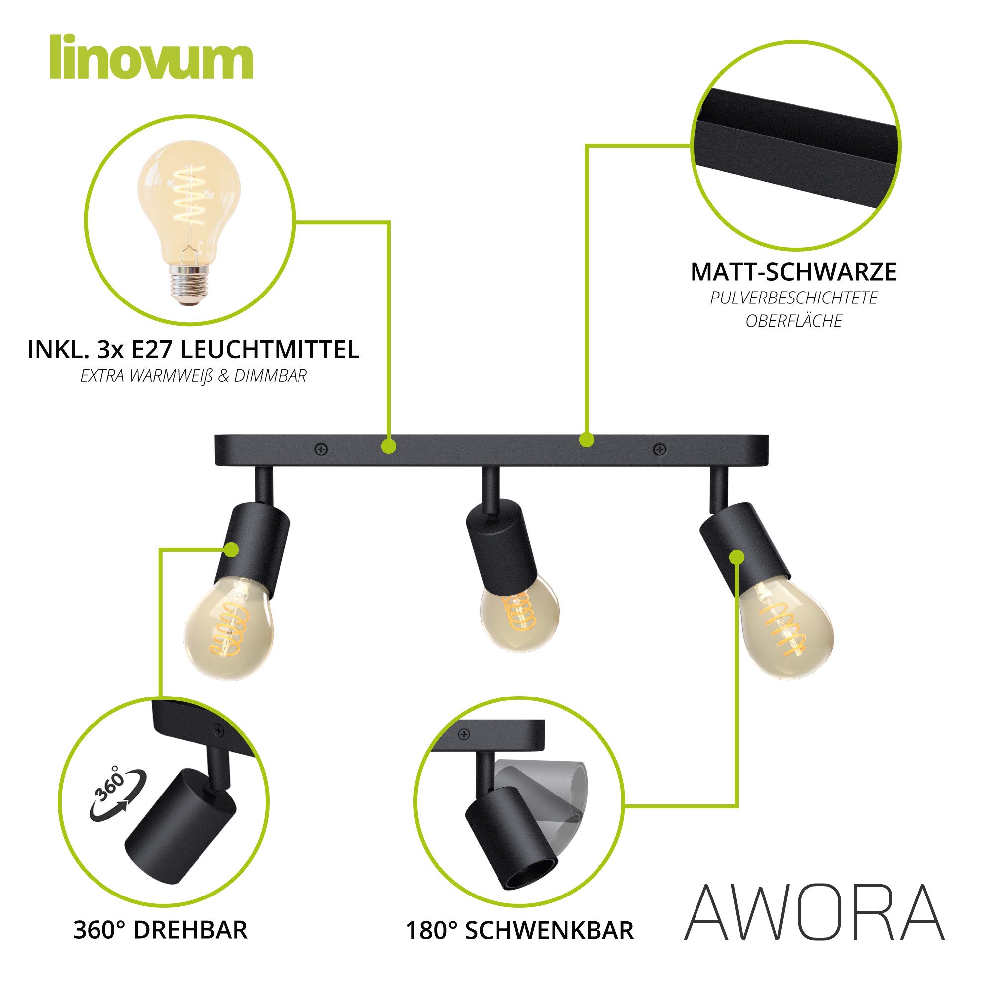 linovum LED Aufbaustrahler AWORA Deckenleuchte 3er schwarz schwenkbar mit Retro LED E27 dimmbar, Extra Warmweiß