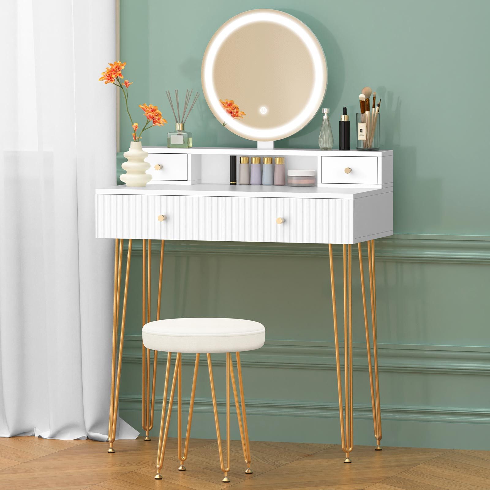 ALFORDSON Schminktisch Modernes LED-Schminktisch-Set Weiß & Gold (1-St., mit Spiegel, Schubladen und passendem Hocker), ideal für Schlafzimmer und kleine Wohnungen